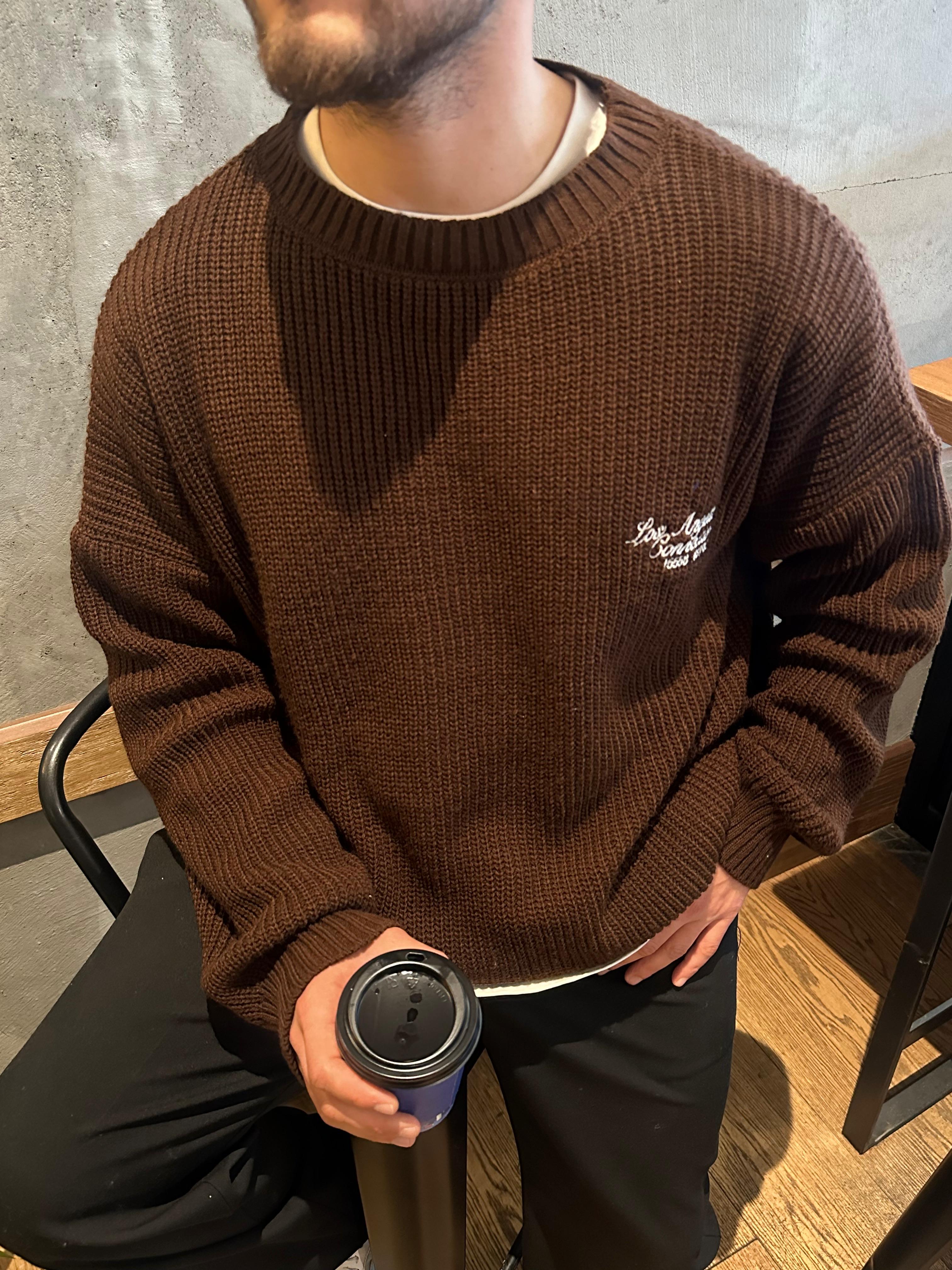 Kahve Los Angeles Nakışlı Oversize Örme Kazak