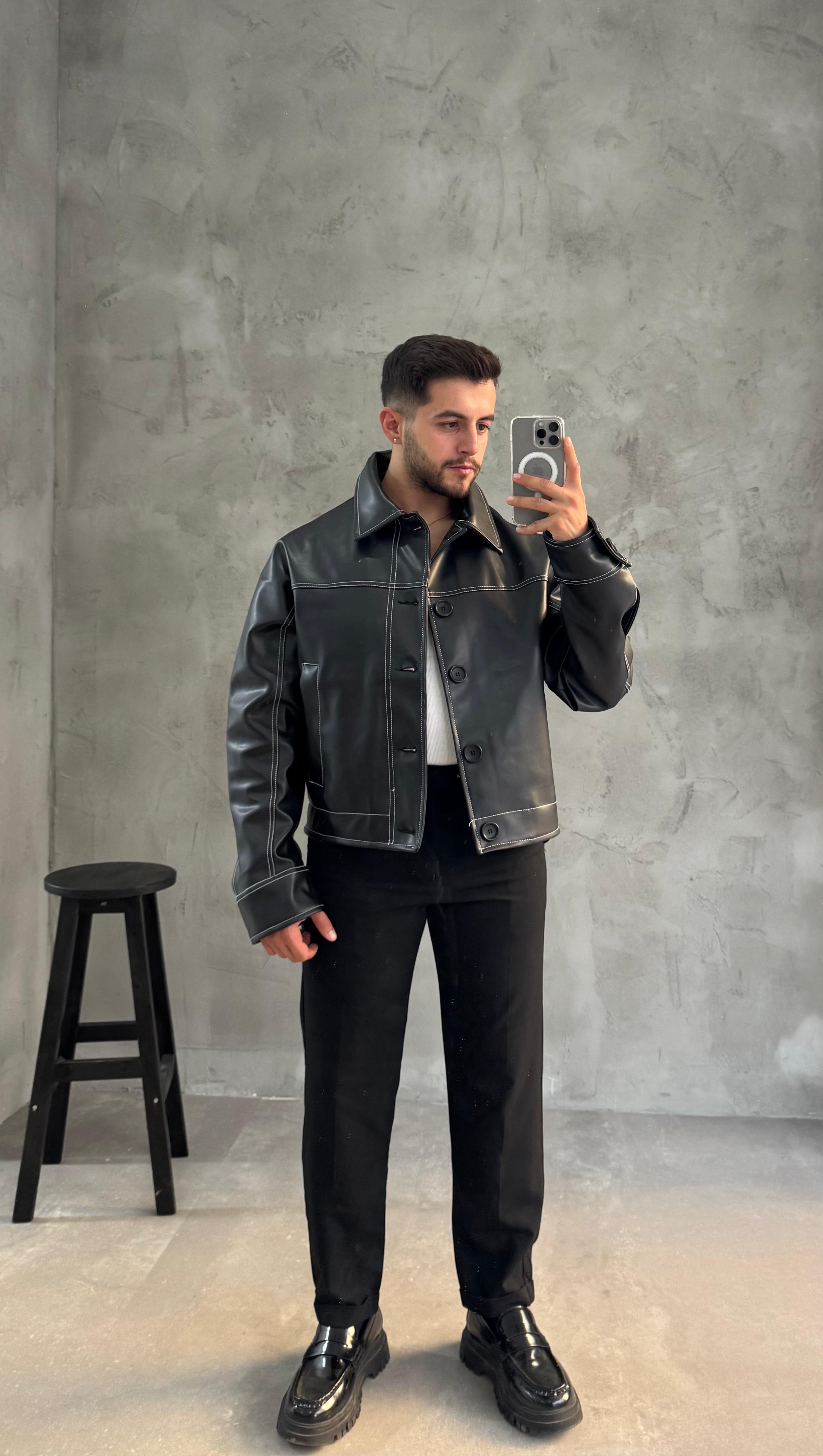 Siyah Dikiş Detaylı Giesto Deri Ceket 