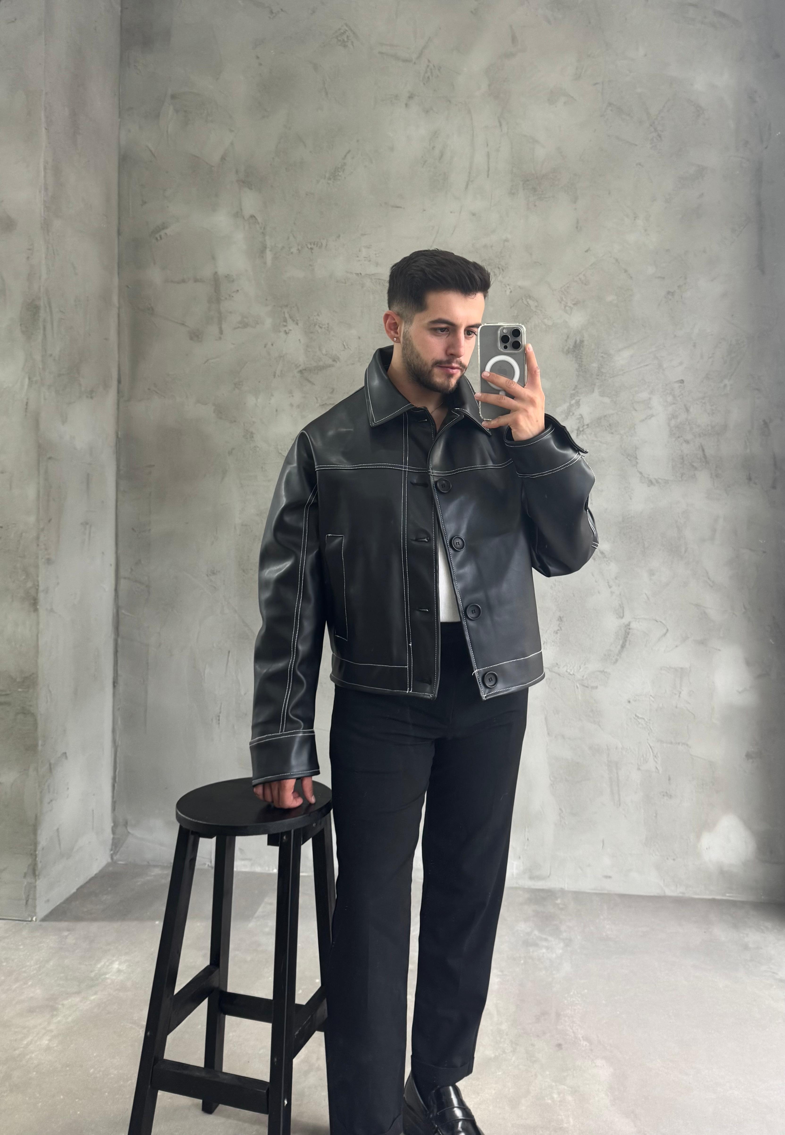 Siyah Dikiş Detaylı Giesto Deri Ceket 