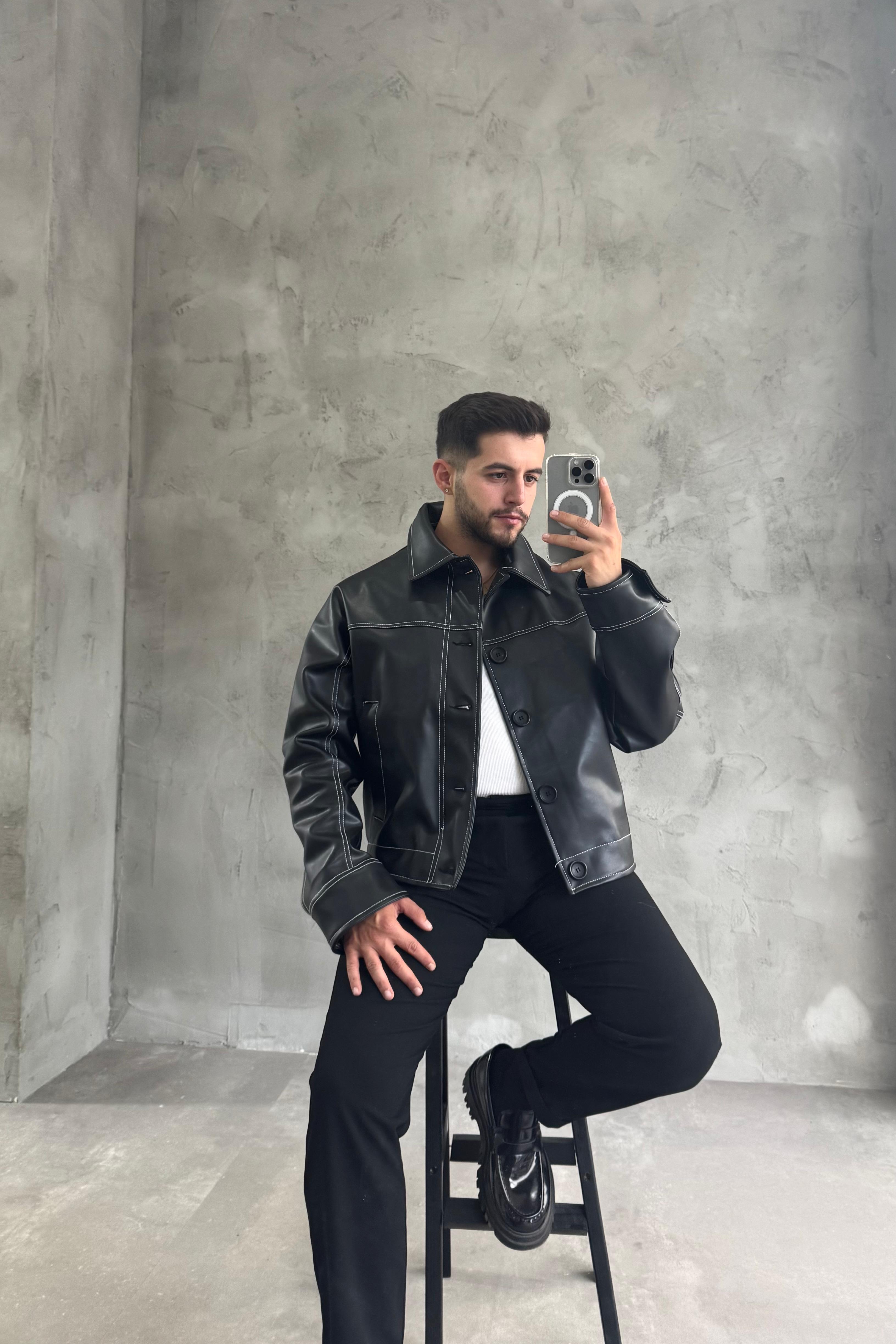 Siyah Dikiş Detaylı Giesto Deri Ceket 