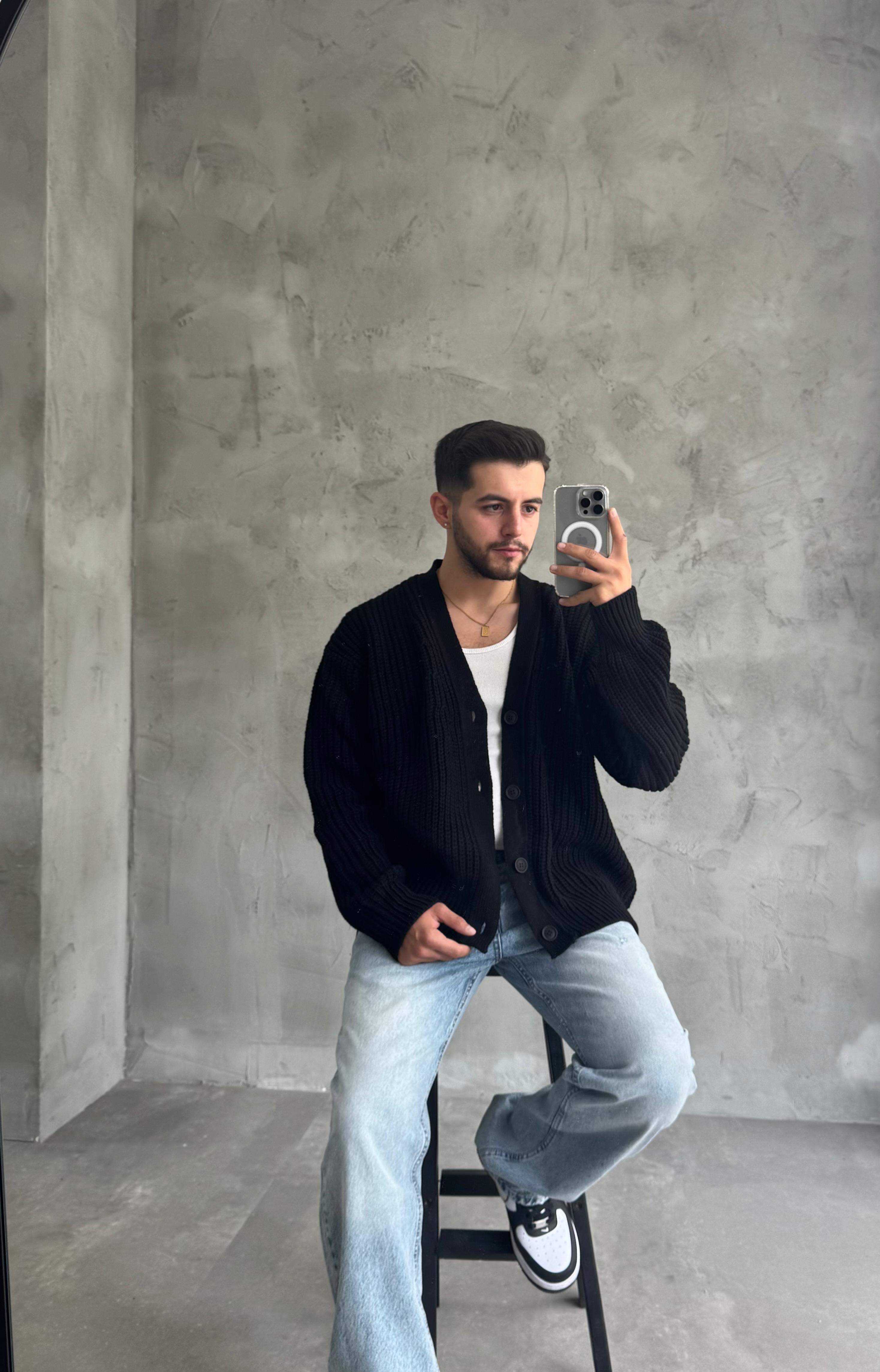 Giesto Siyah Oversize Örme Hırka