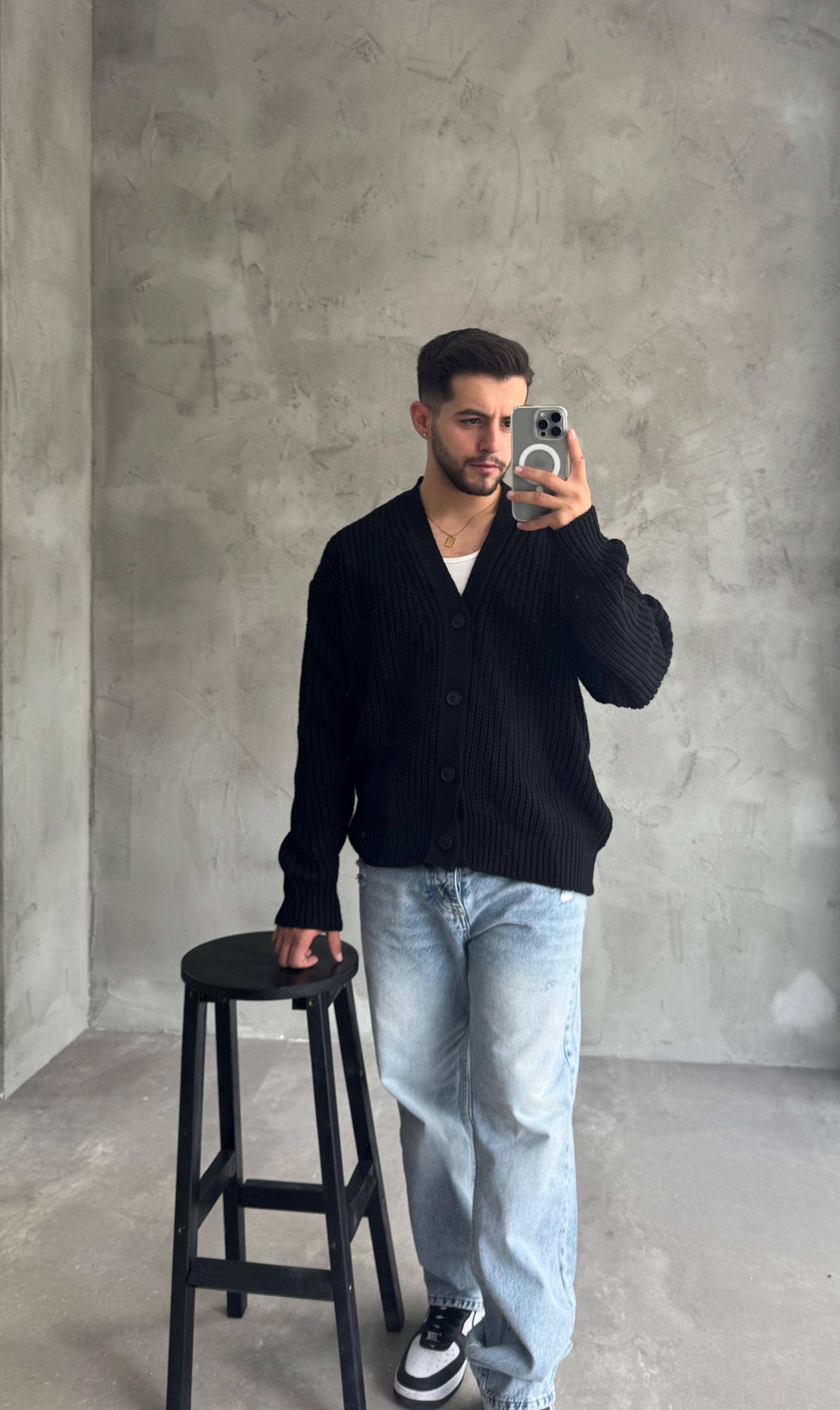 Giesto Siyah Oversize Örme Hırka