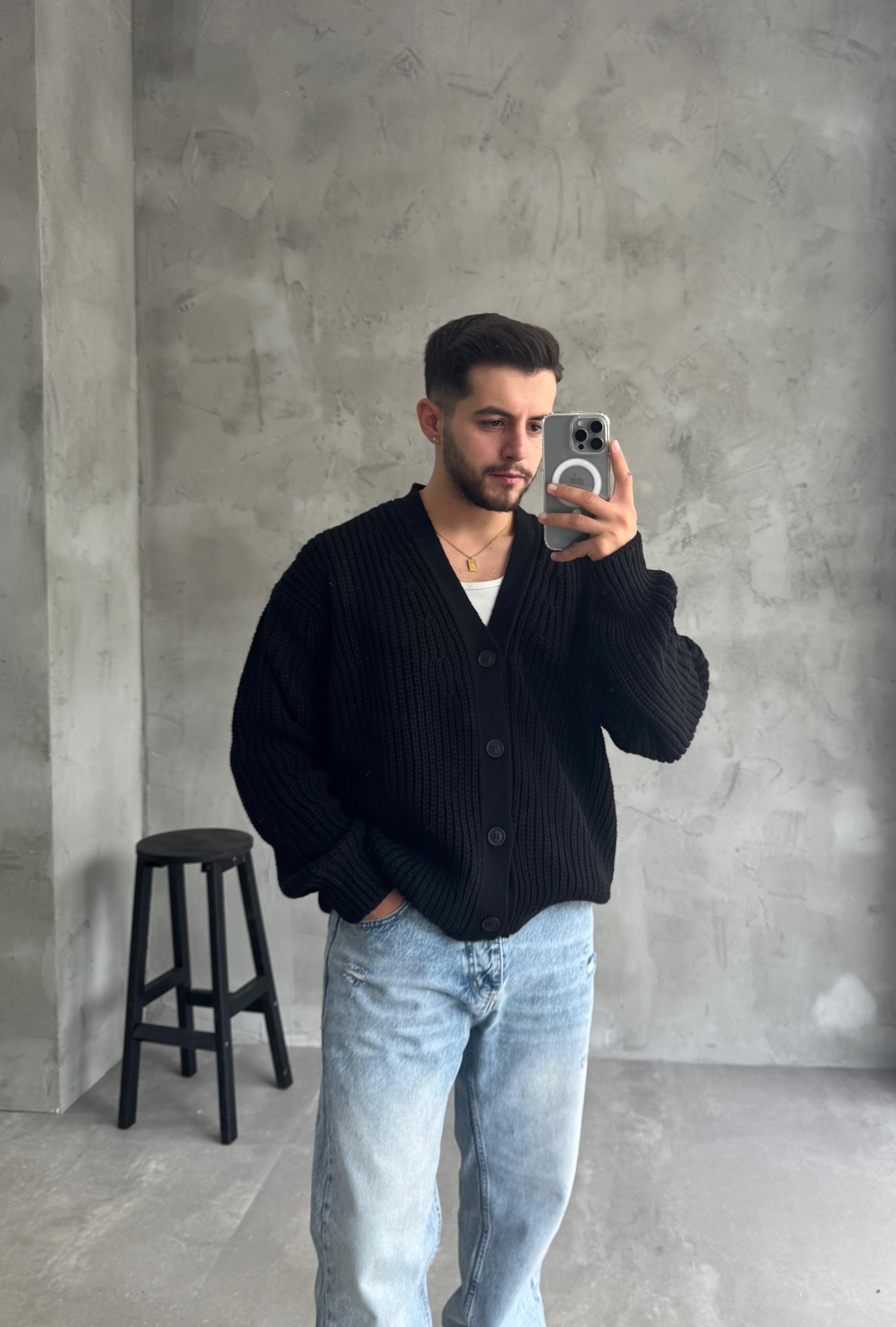 Giesto Siyah Oversize Örme Hırka