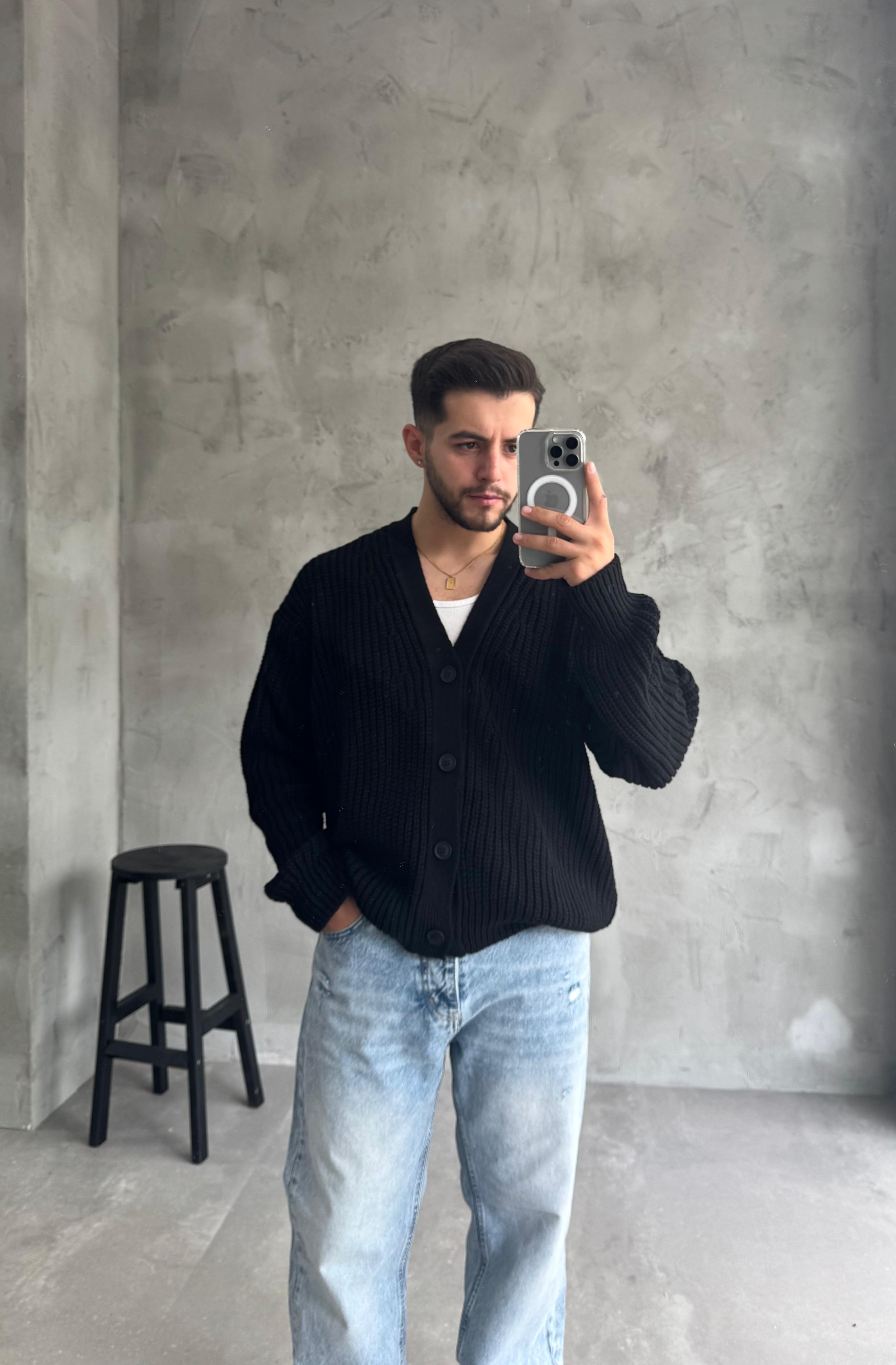 Giesto Siyah Oversize Örme Hırka