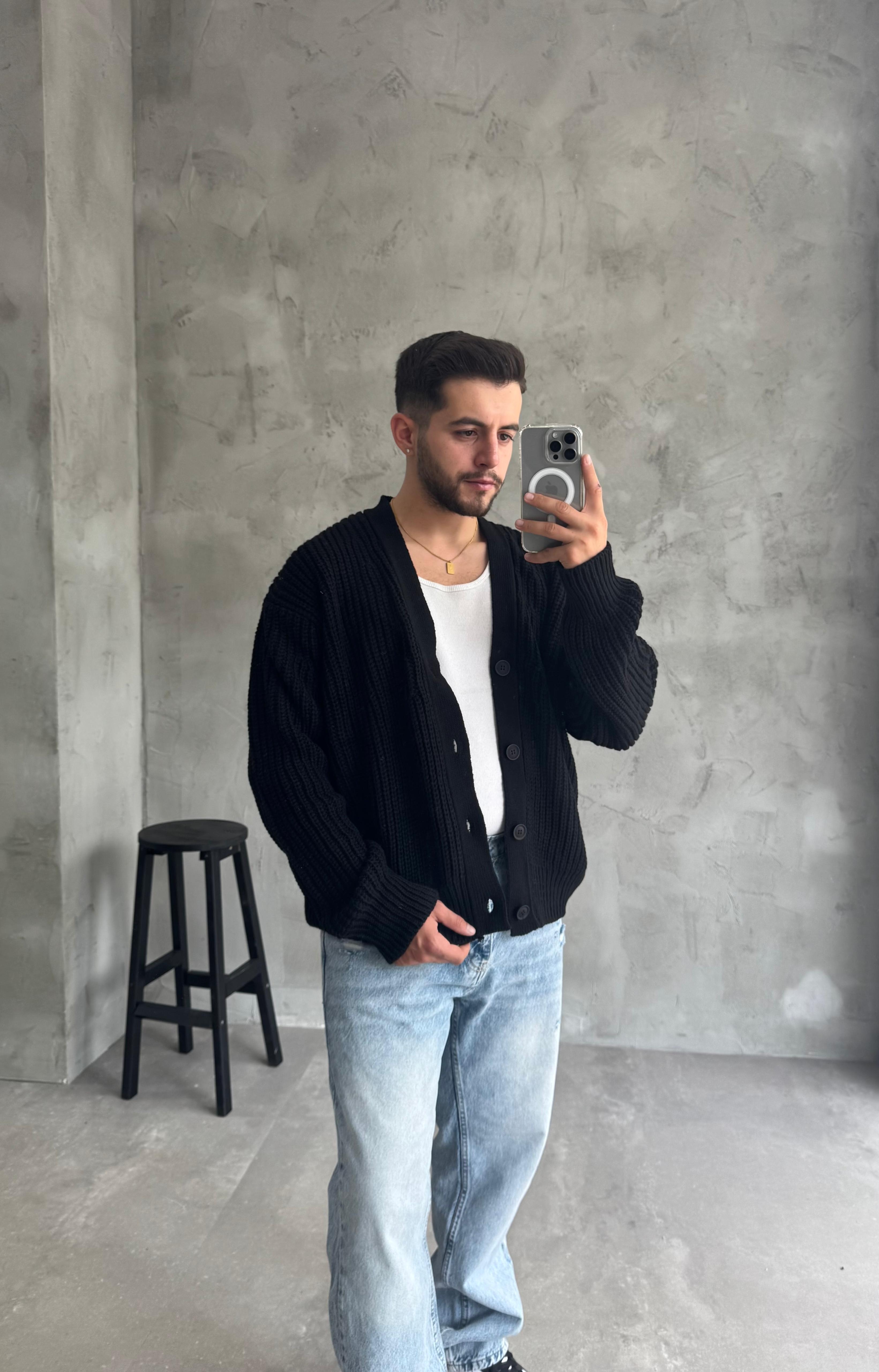 Giesto Siyah Oversize Örme Hırka