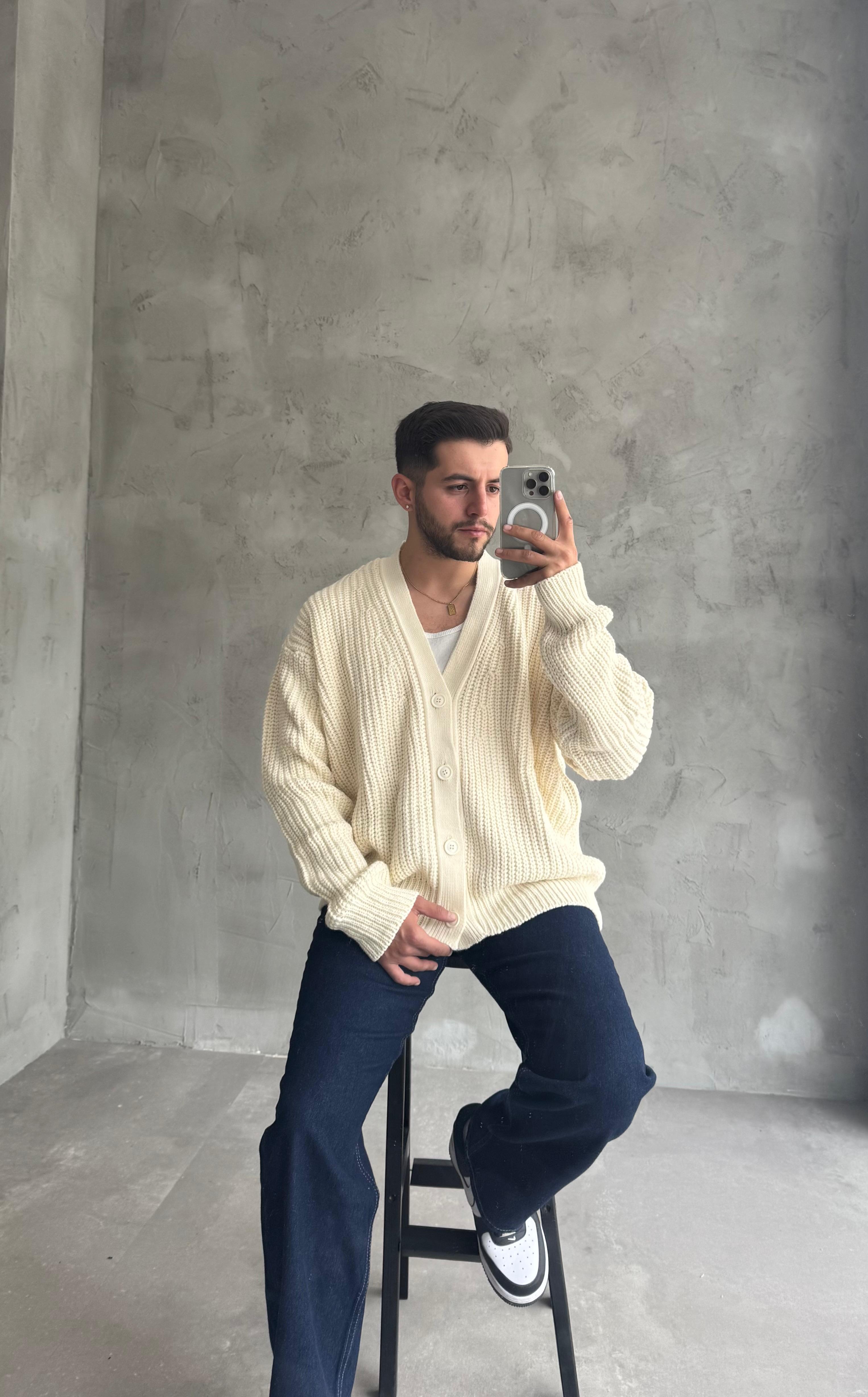 Giesto Krem Oversize Örme Hırka