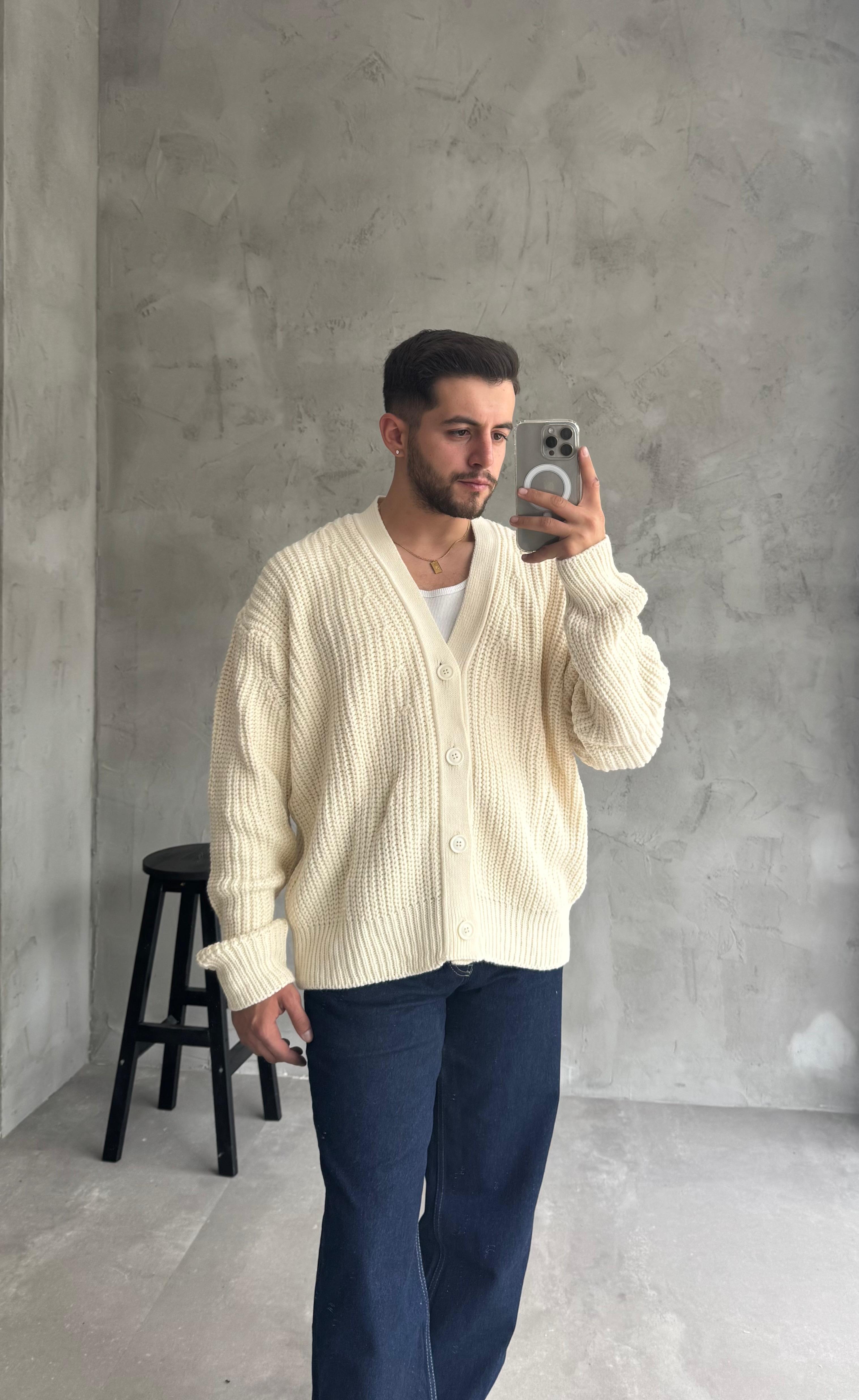 Giesto Krem Oversize Örme Hırka