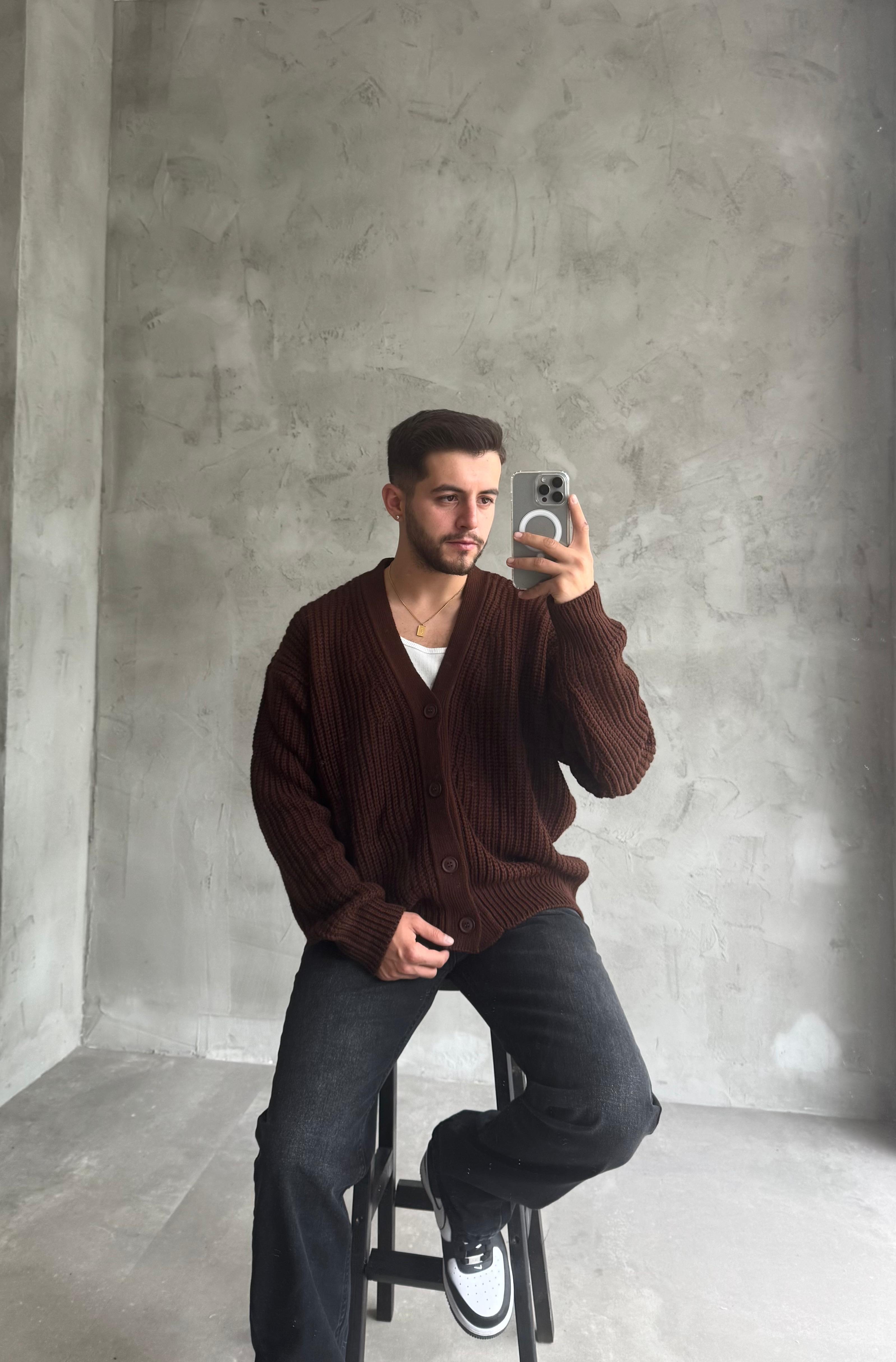 Giesto Kahve Oversize Örme Hırka