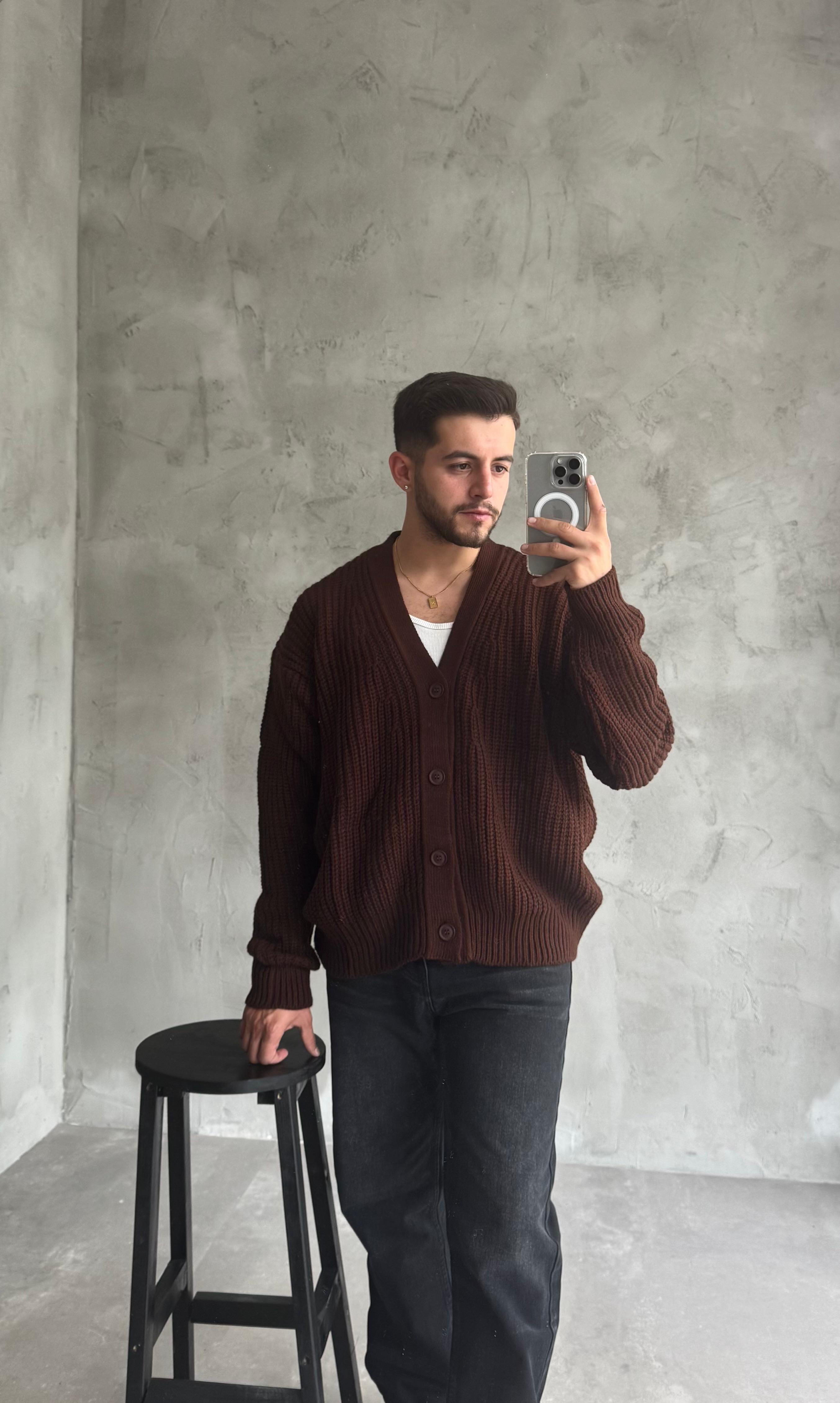 Giesto Kahve Oversize Örme Hırka