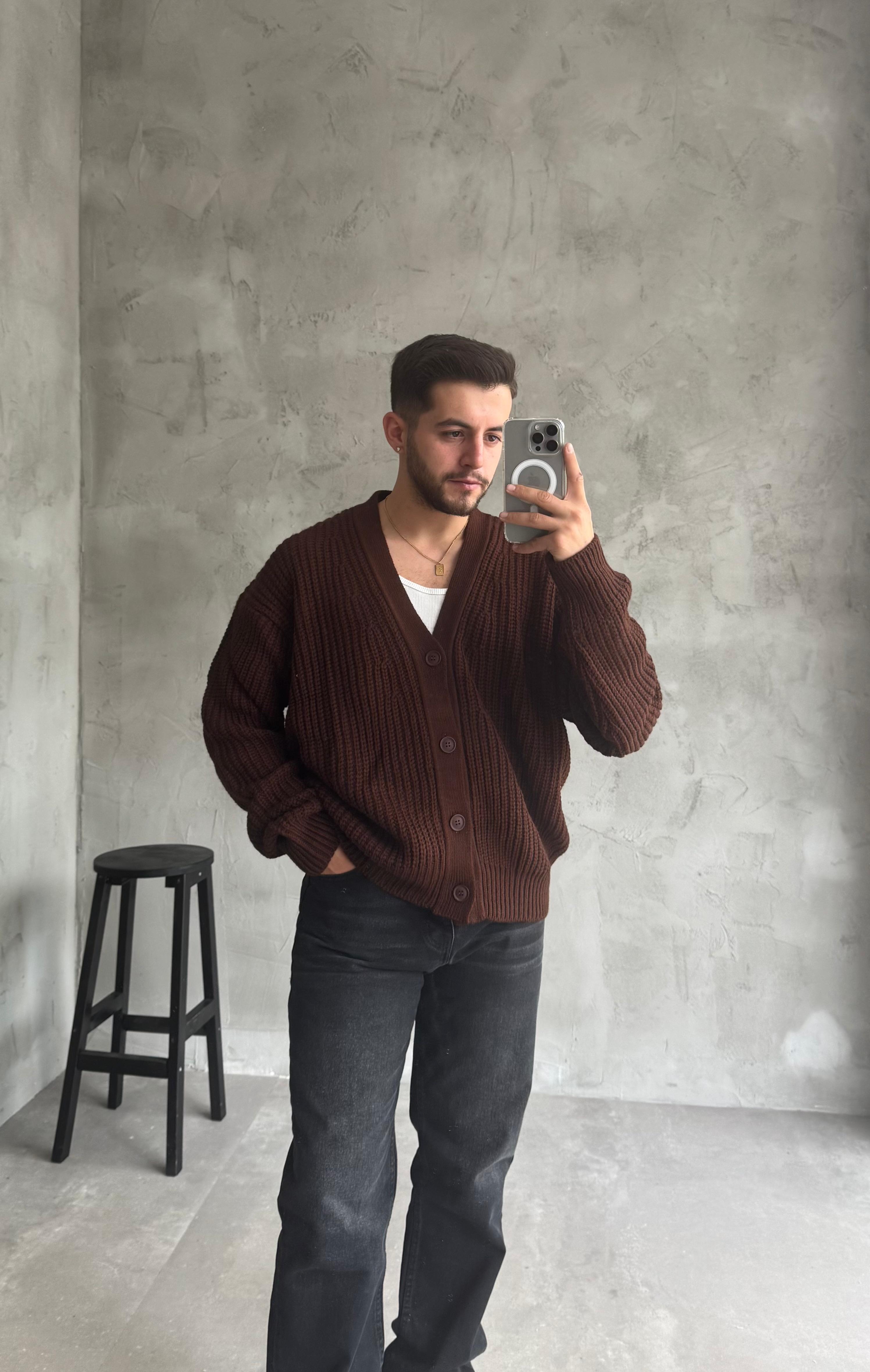 Giesto Kahve Oversize Örme Hırka