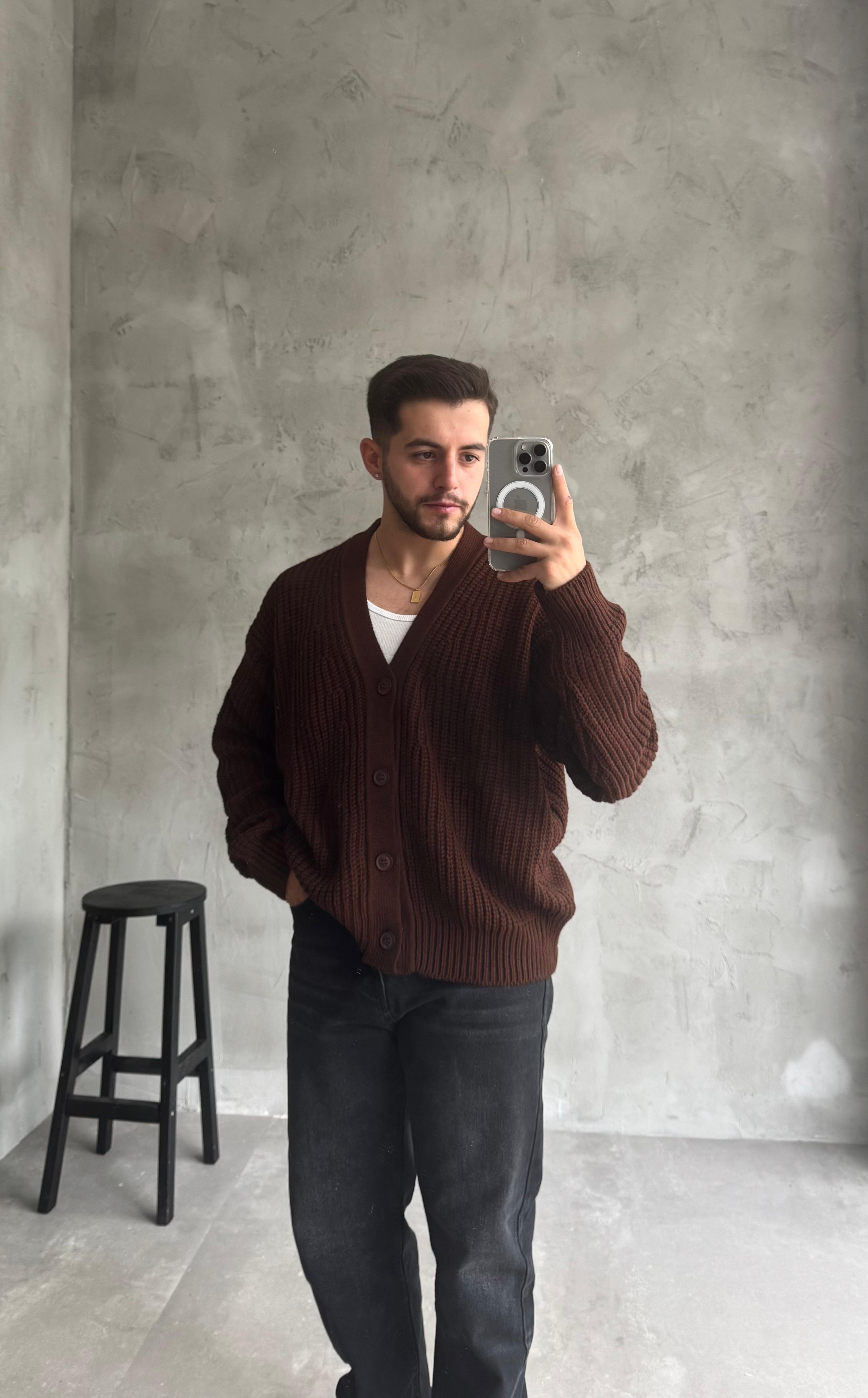 Giesto Kahve Oversize Örme Hırka