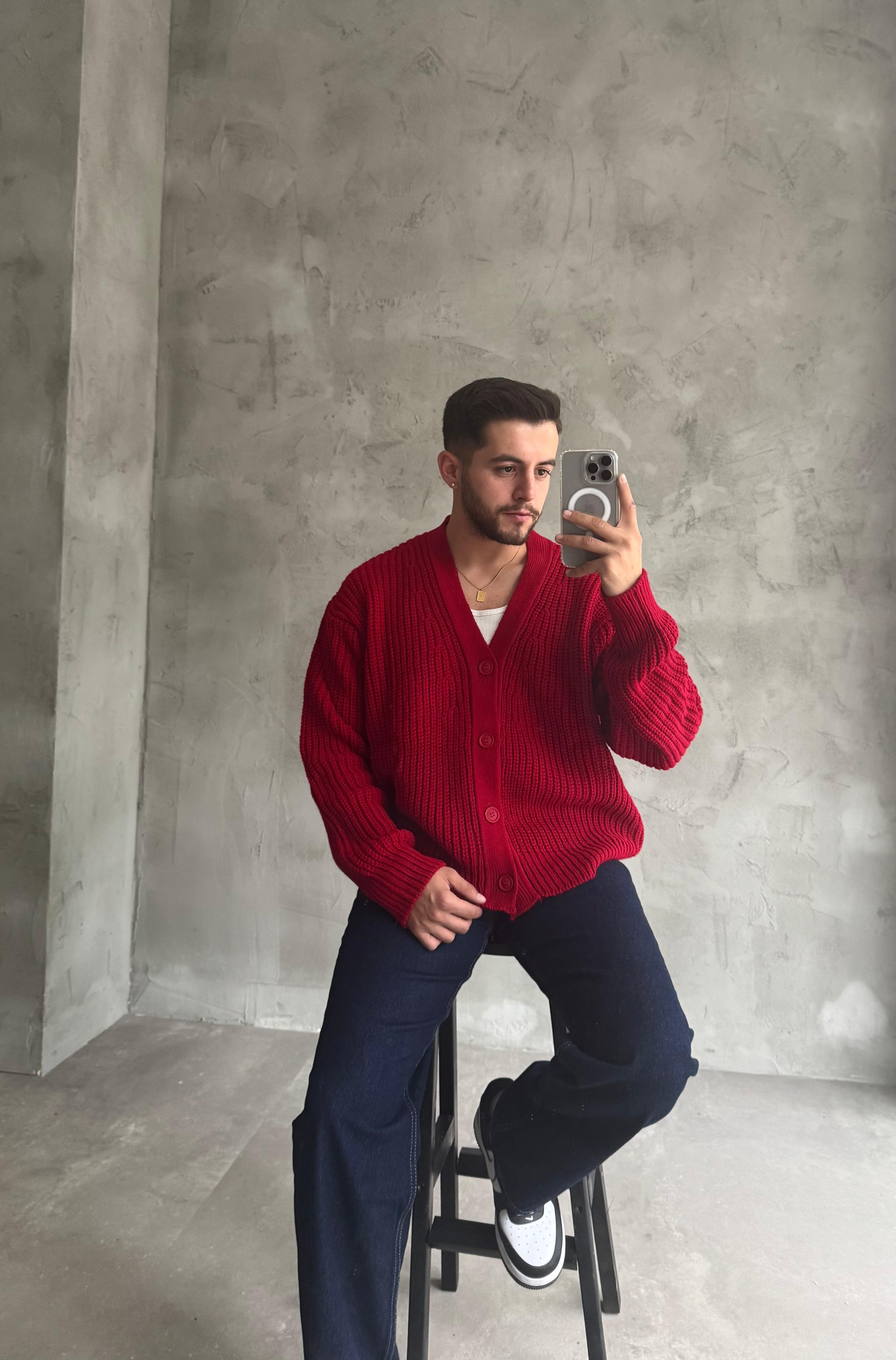 Giesto Kırmızı Oversize Örme Hırka