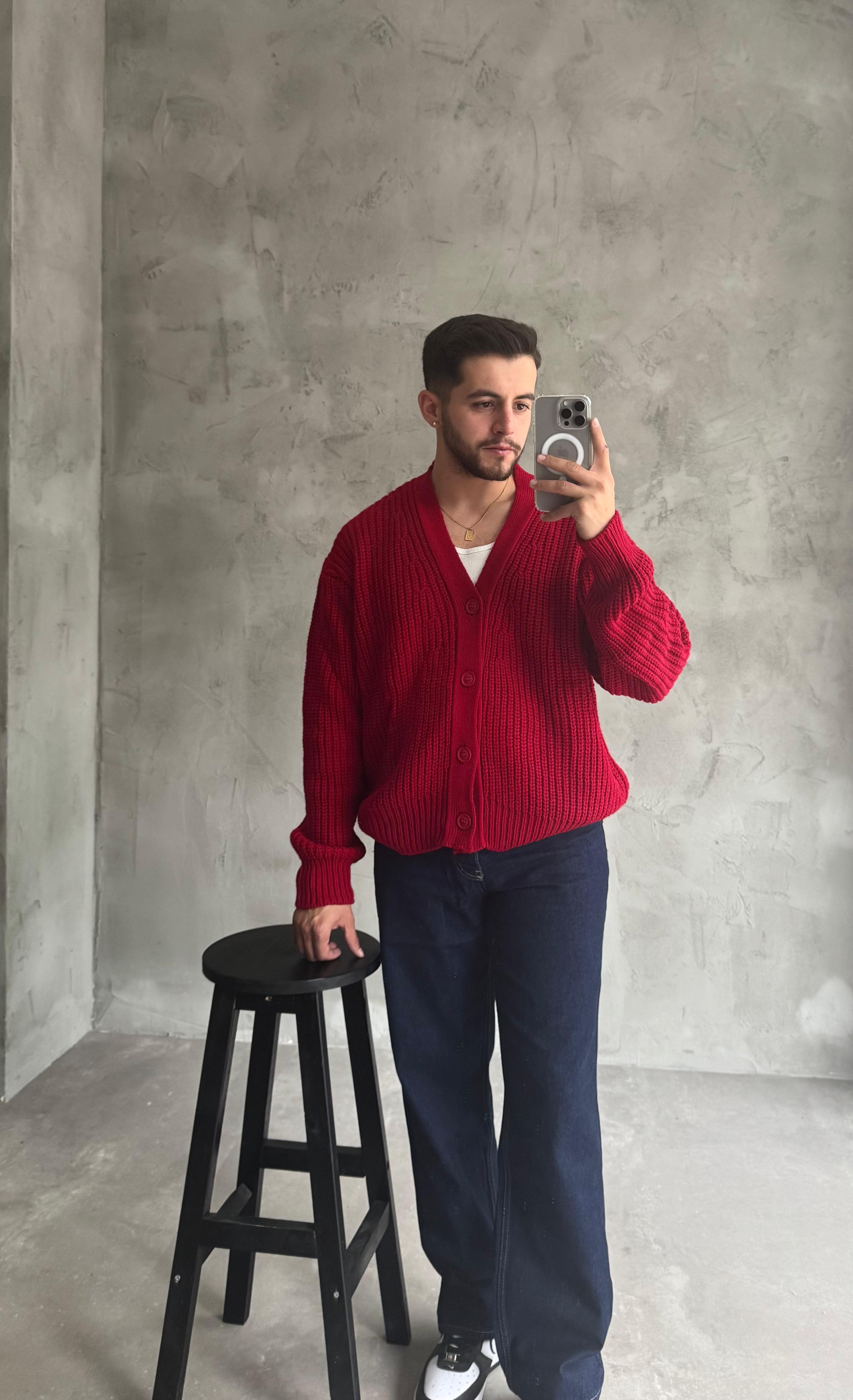 Giesto Kırmızı Oversize Örme Hırka