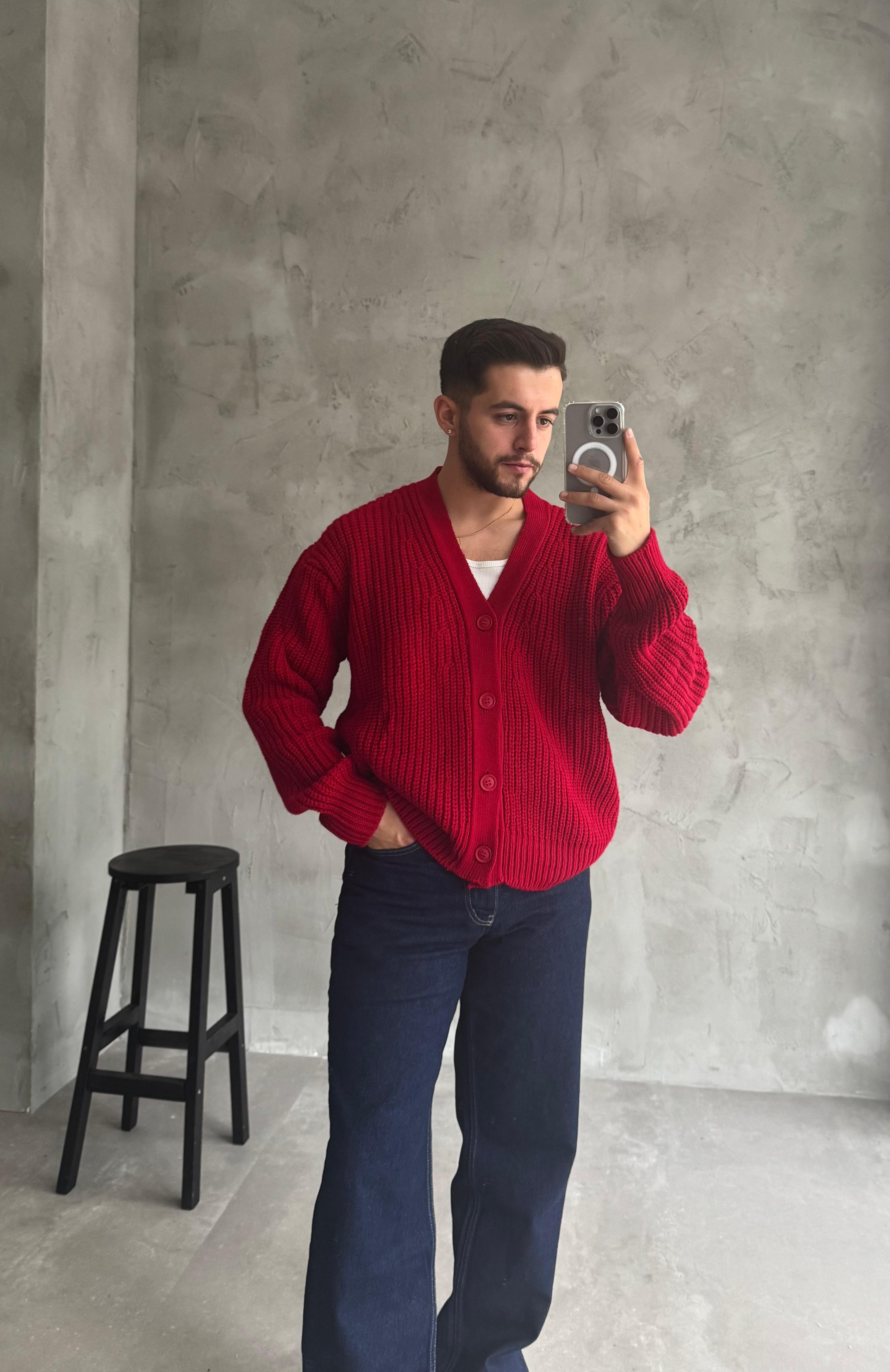 Giesto Kırmızı Oversize Örme Hırka