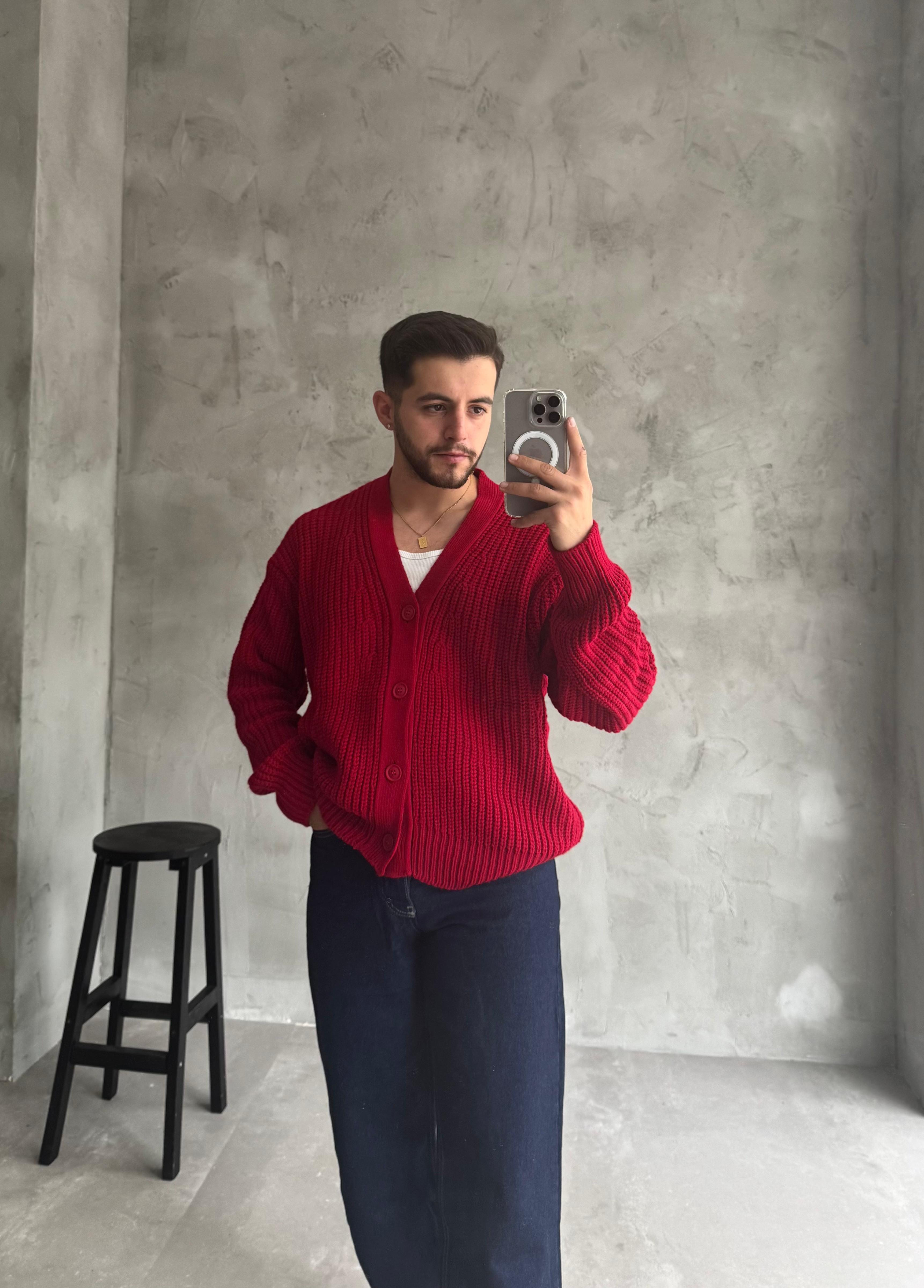 Giesto Kırmızı Oversize Örme Hırka