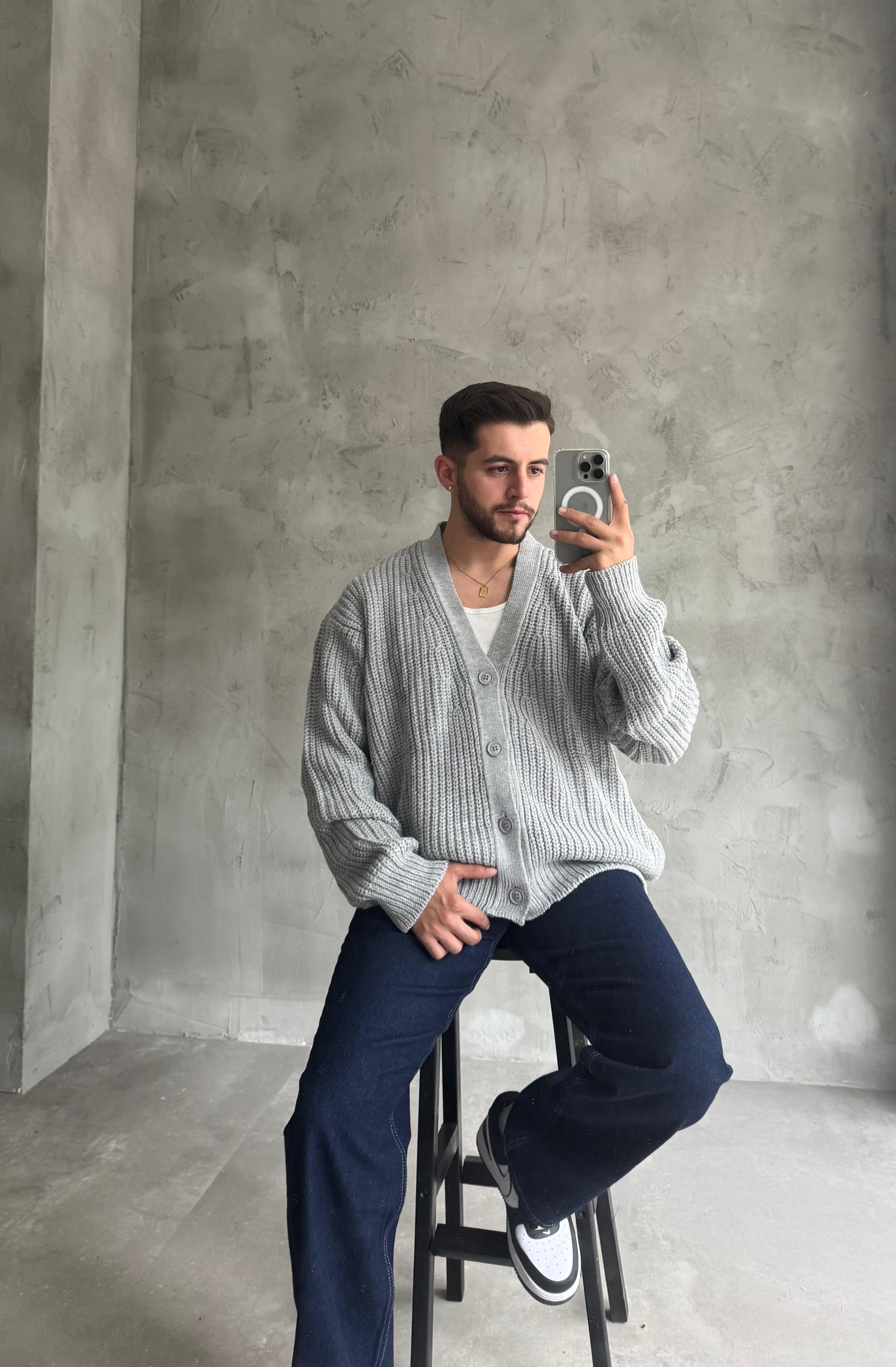 Giesto Gri Oversize Örme Hırka