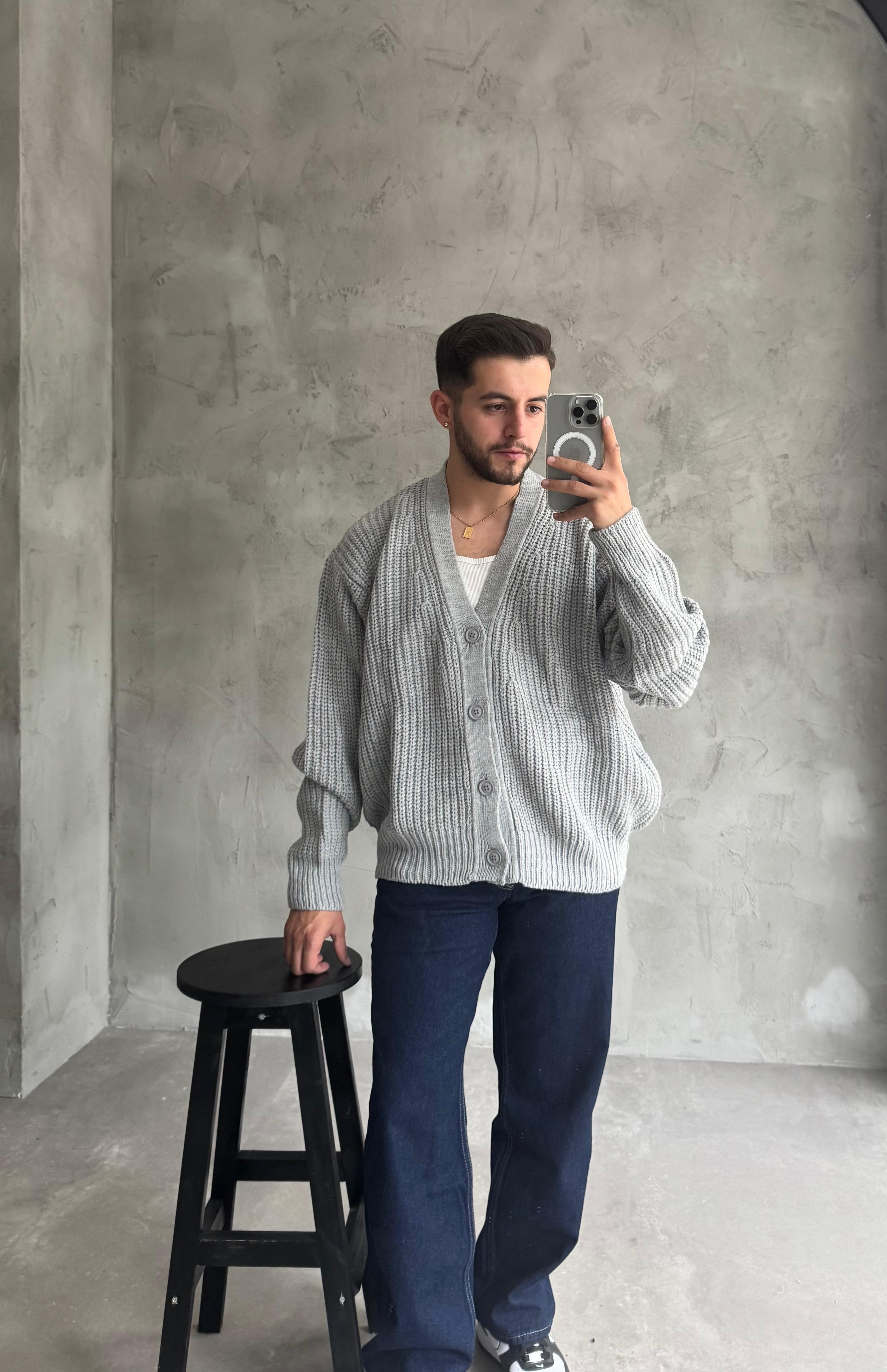 Giesto Gri Oversize Örme Hırka