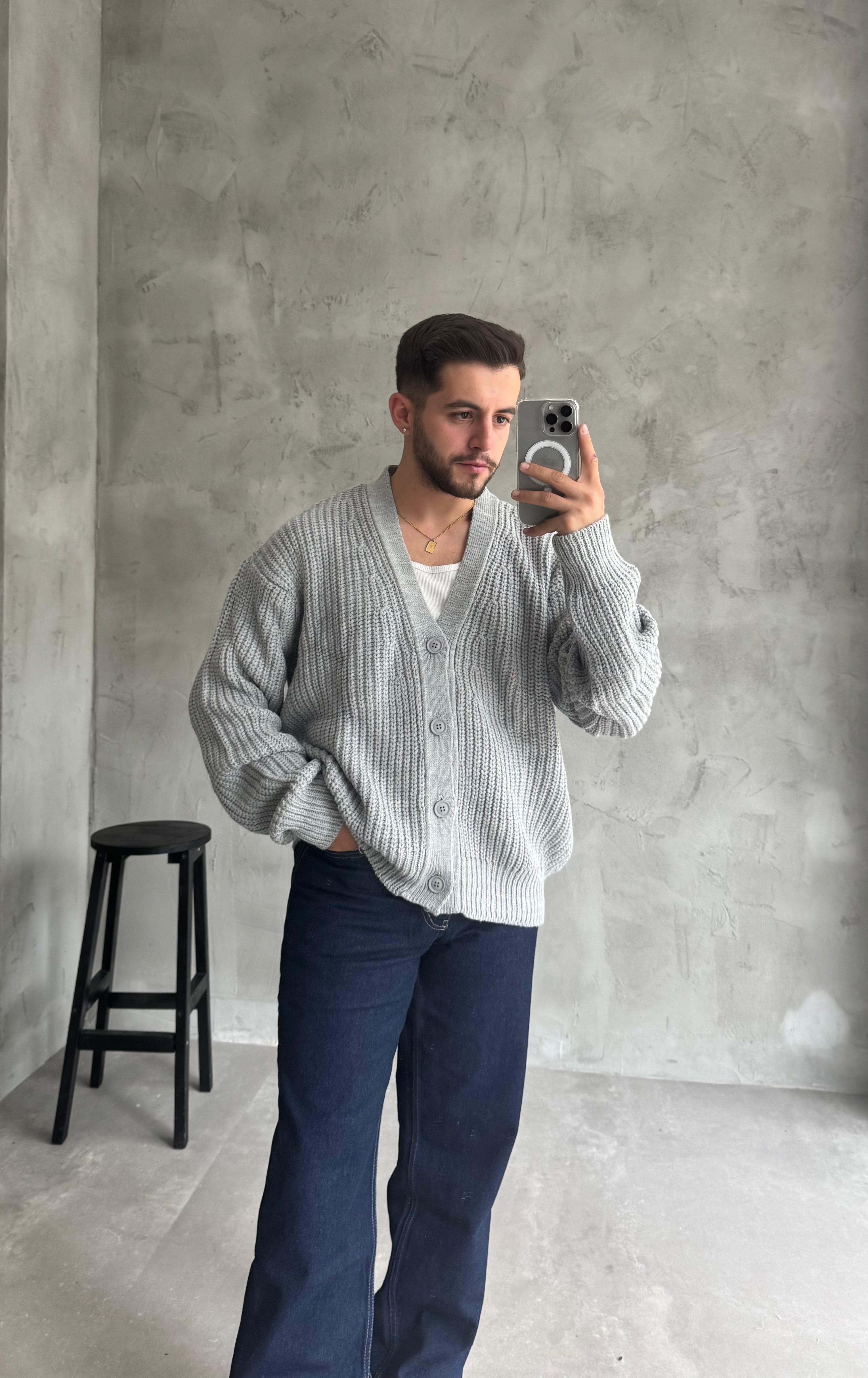 Giesto Gri Oversize Örme Hırka