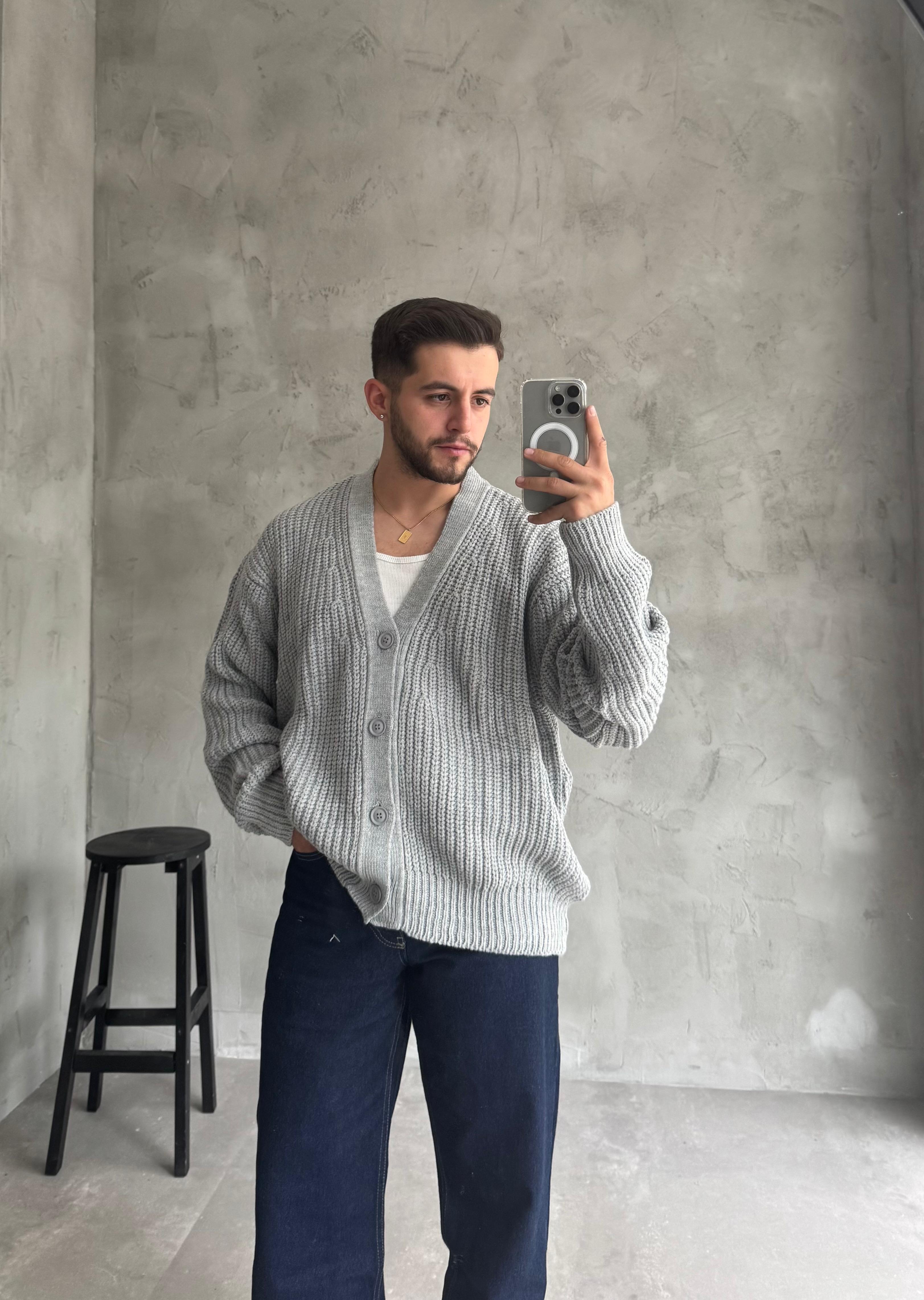 Giesto Gri Oversize Örme Hırka