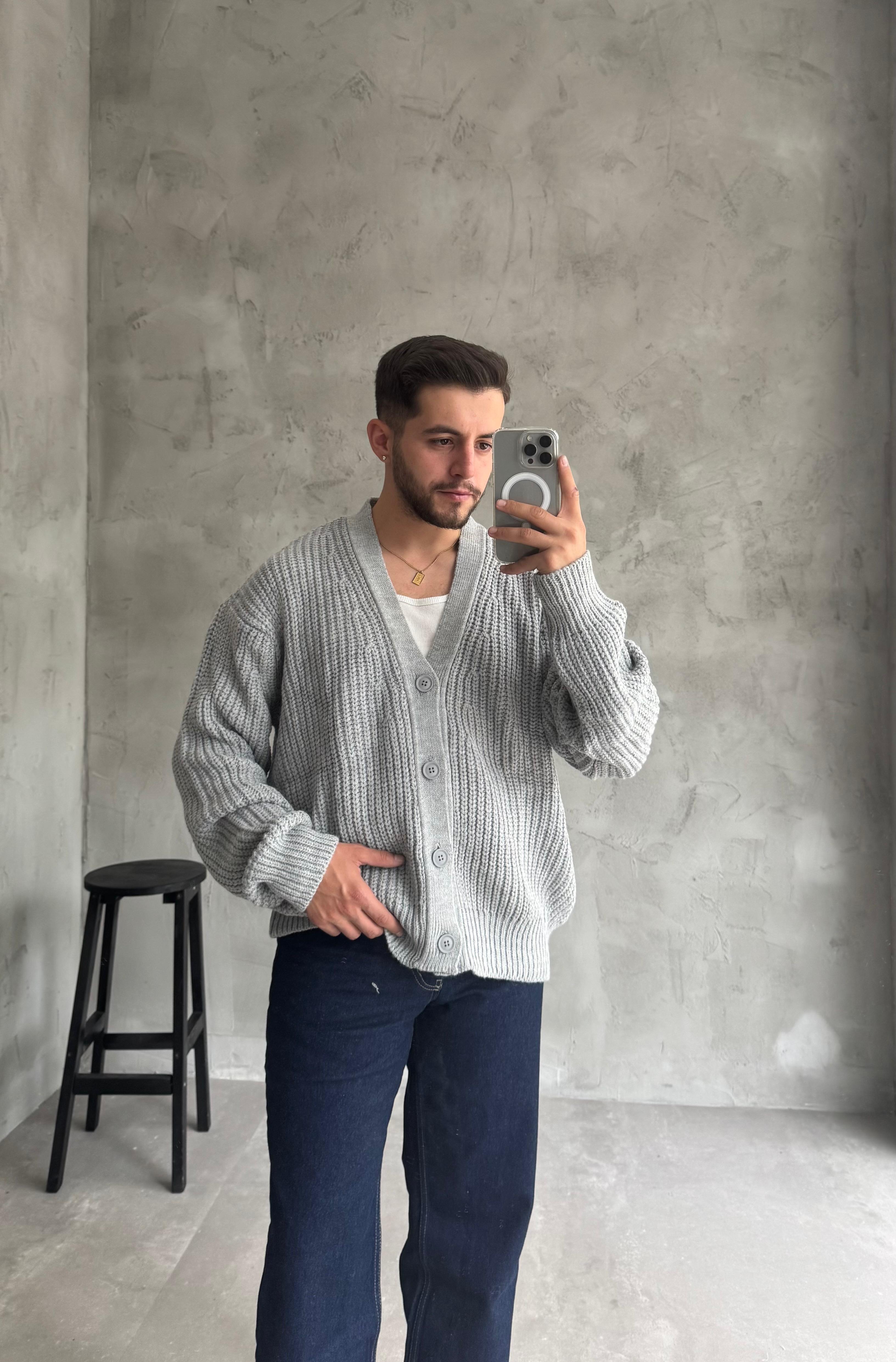 Giesto Gri Oversize Örme Hırka