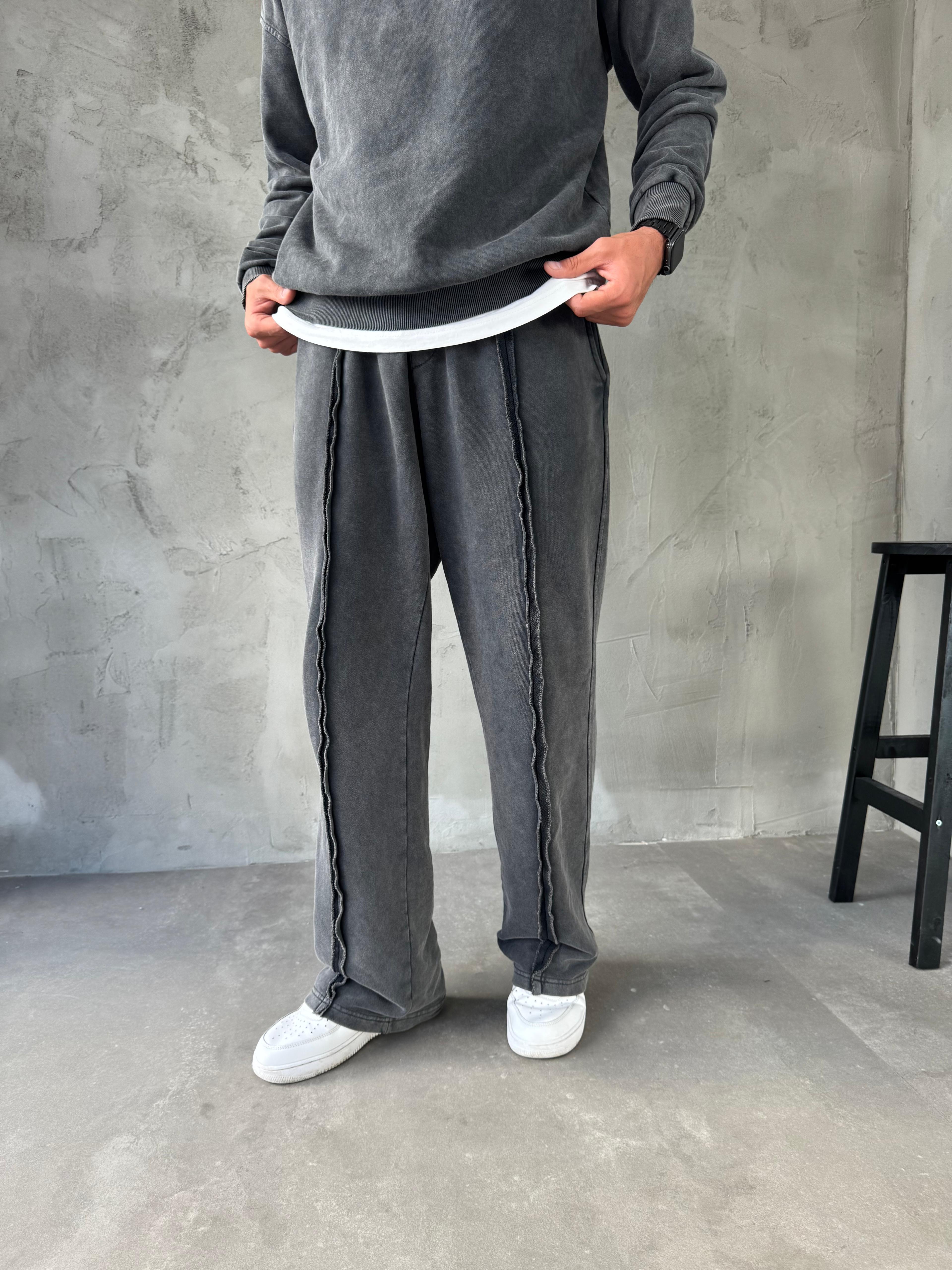 Antrasit Yıkamalı Dikiş Detaylı Baggy Eşofman