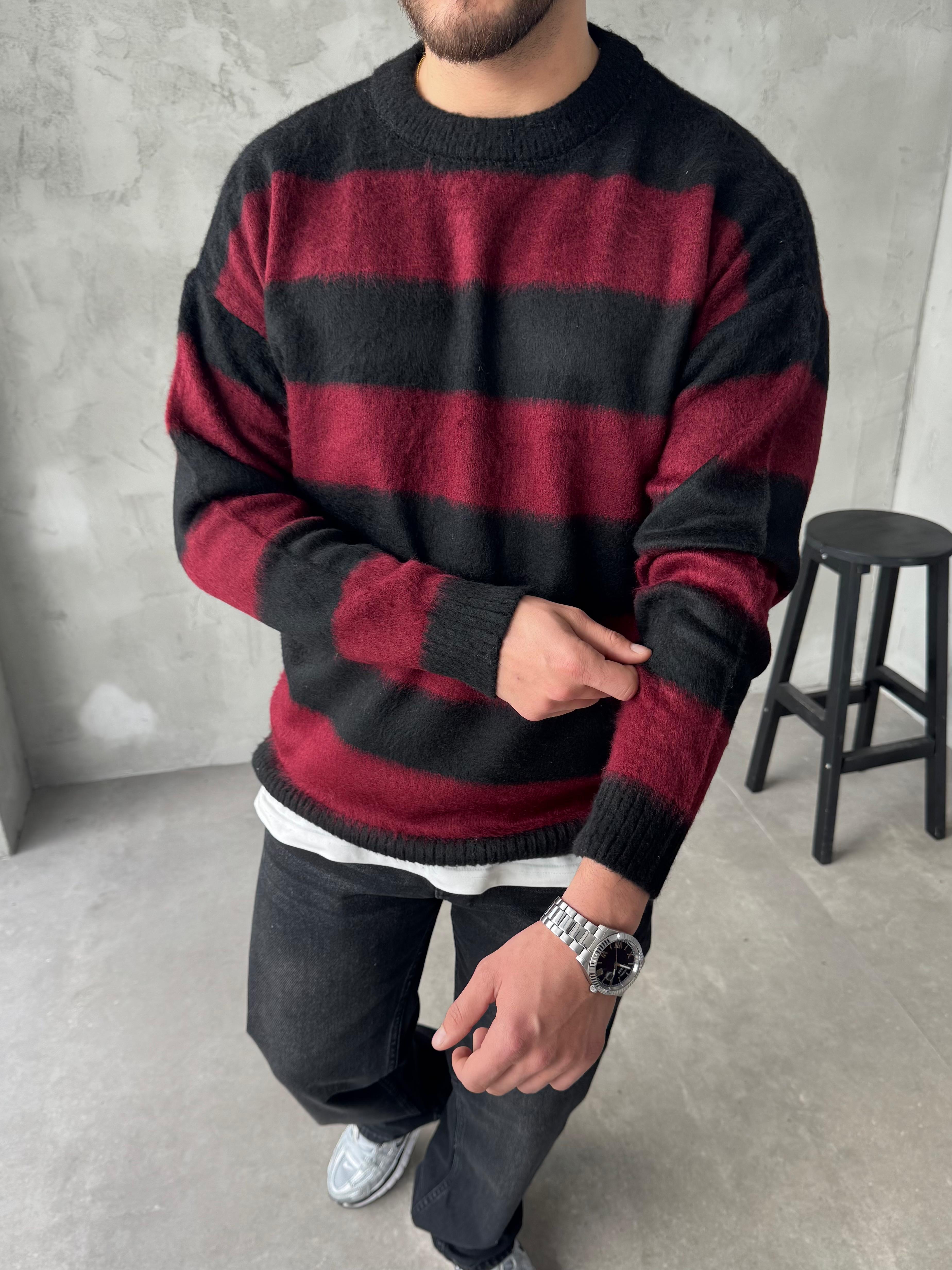 Bordo Şerit Detaylı Peluş Kazak