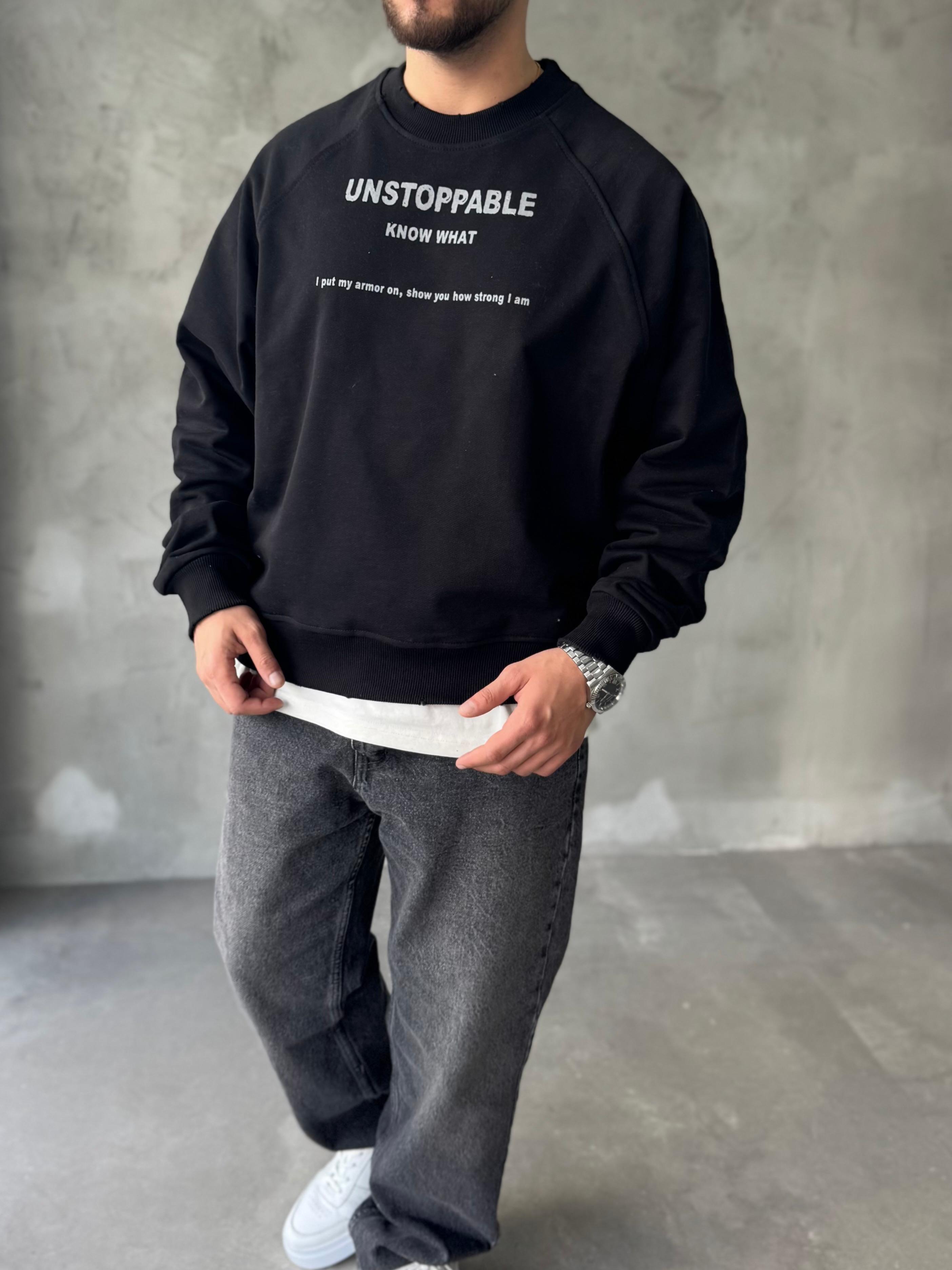 Siyah Unstoppable Baskılı Oversize Sweatshirt