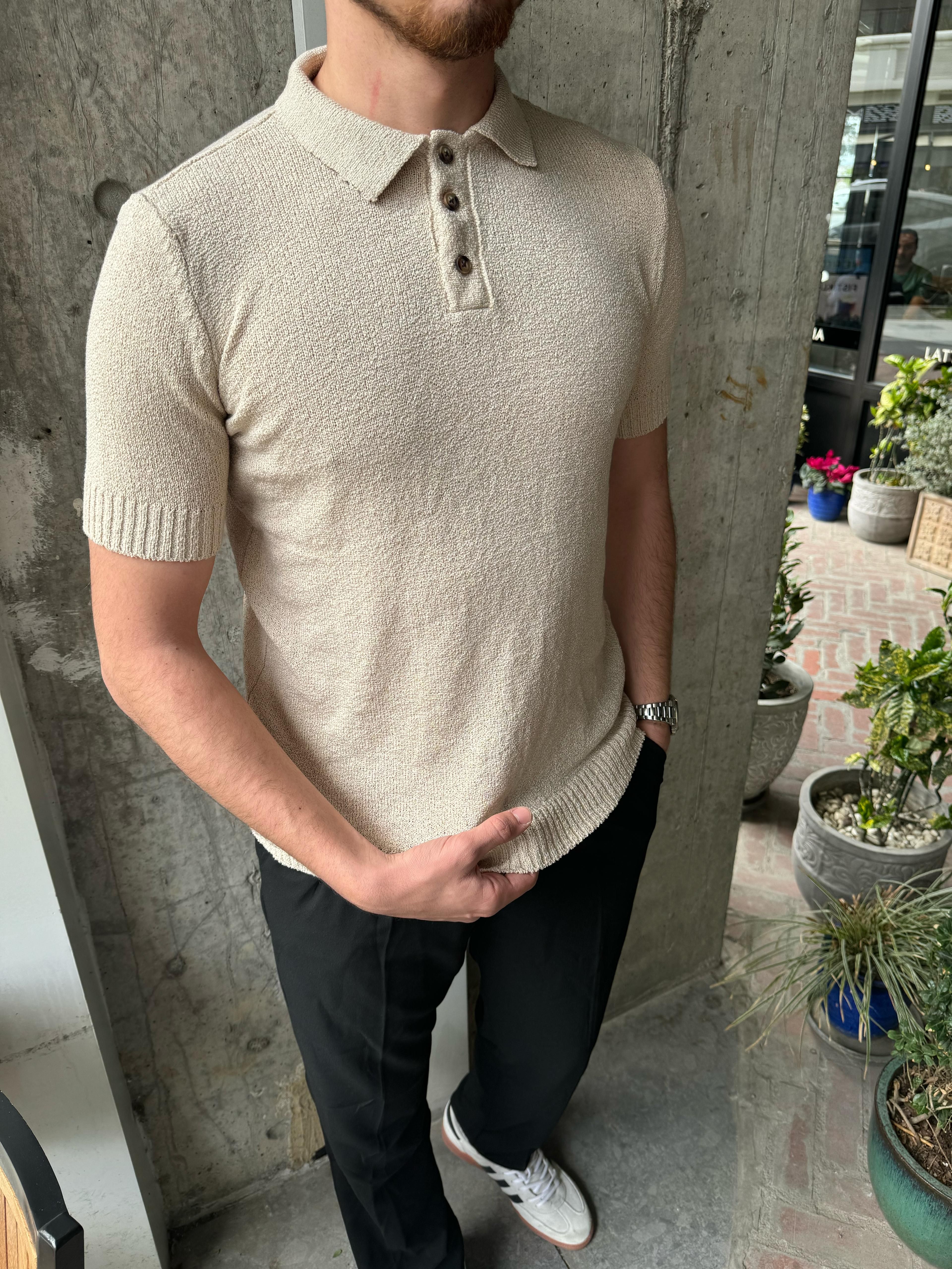 ÖRME KUMAŞ POLO YAKA TRİKO - BEJ