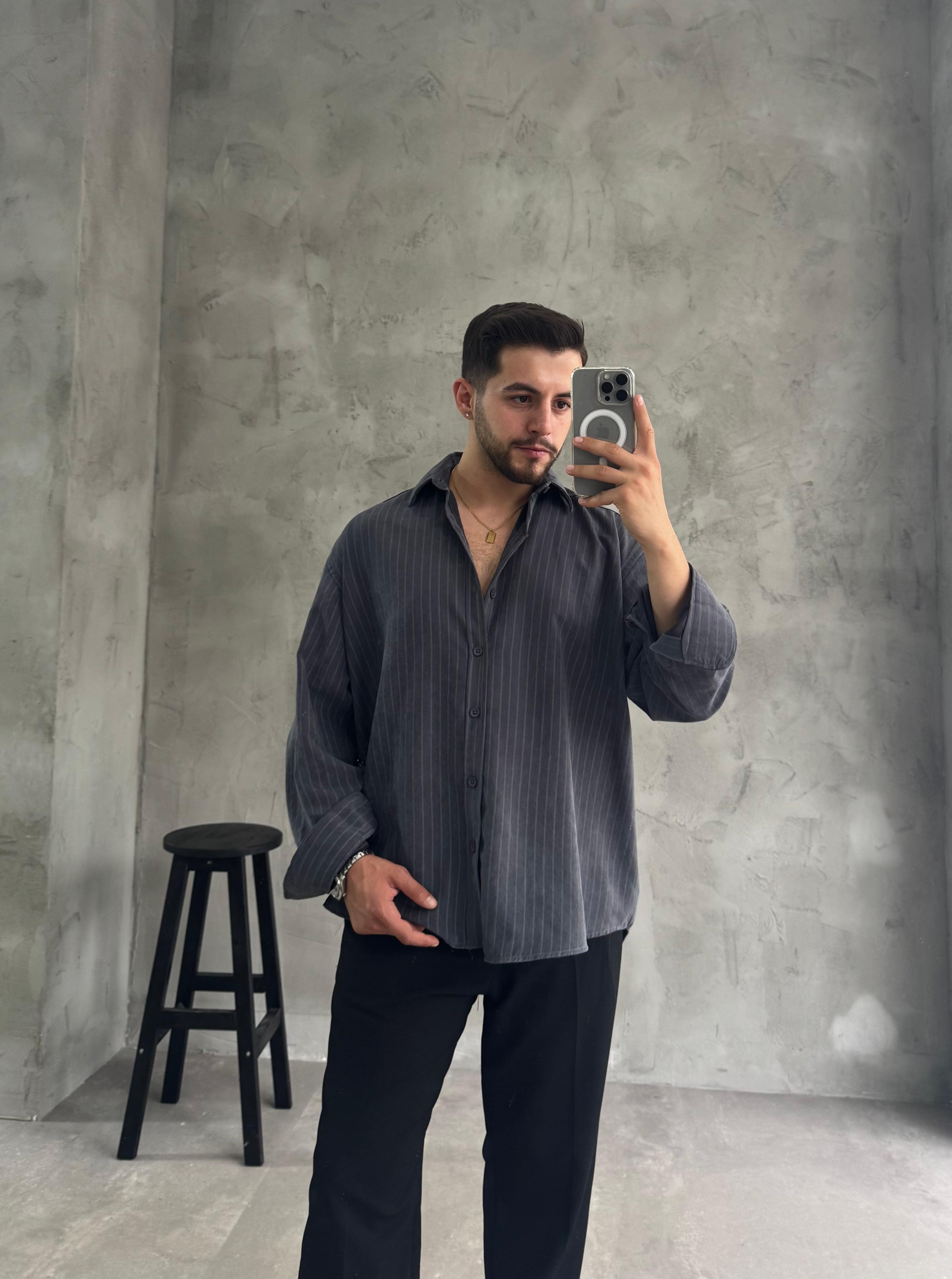 GG Antrasit Kışlık Modal Kumaş Çizgili Gömlek