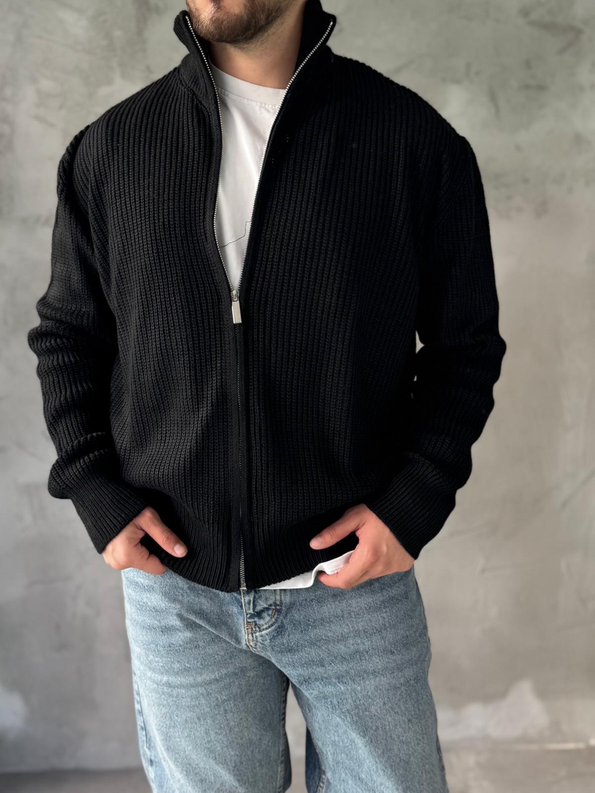 Siyah Tam Fermuarlı Oversize Örme Kazak