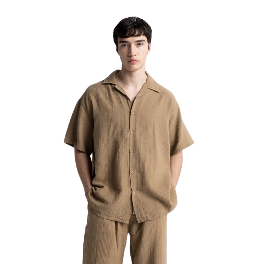 BURUŞUK GÖRÜNÜMLÜ KISA KOLLU GÖMLEK - HAKİ