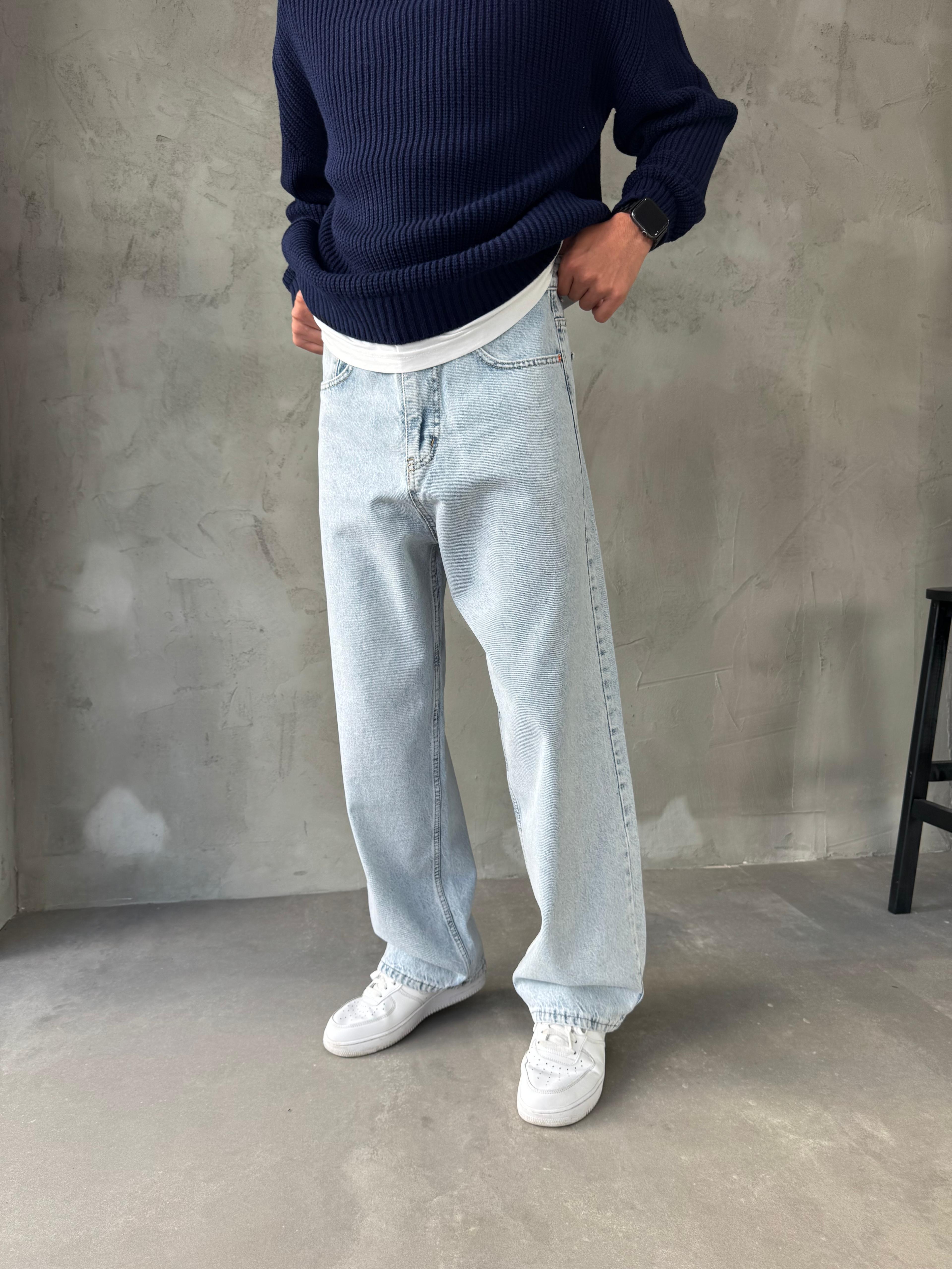 Buz Mavisi Yıkamalı Bol Kalıp Jean