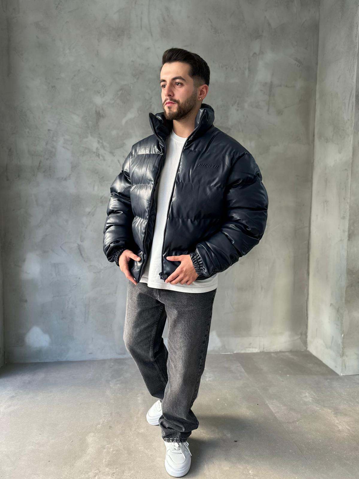 Lacivert Premium Deri Oversize Şişme Mont