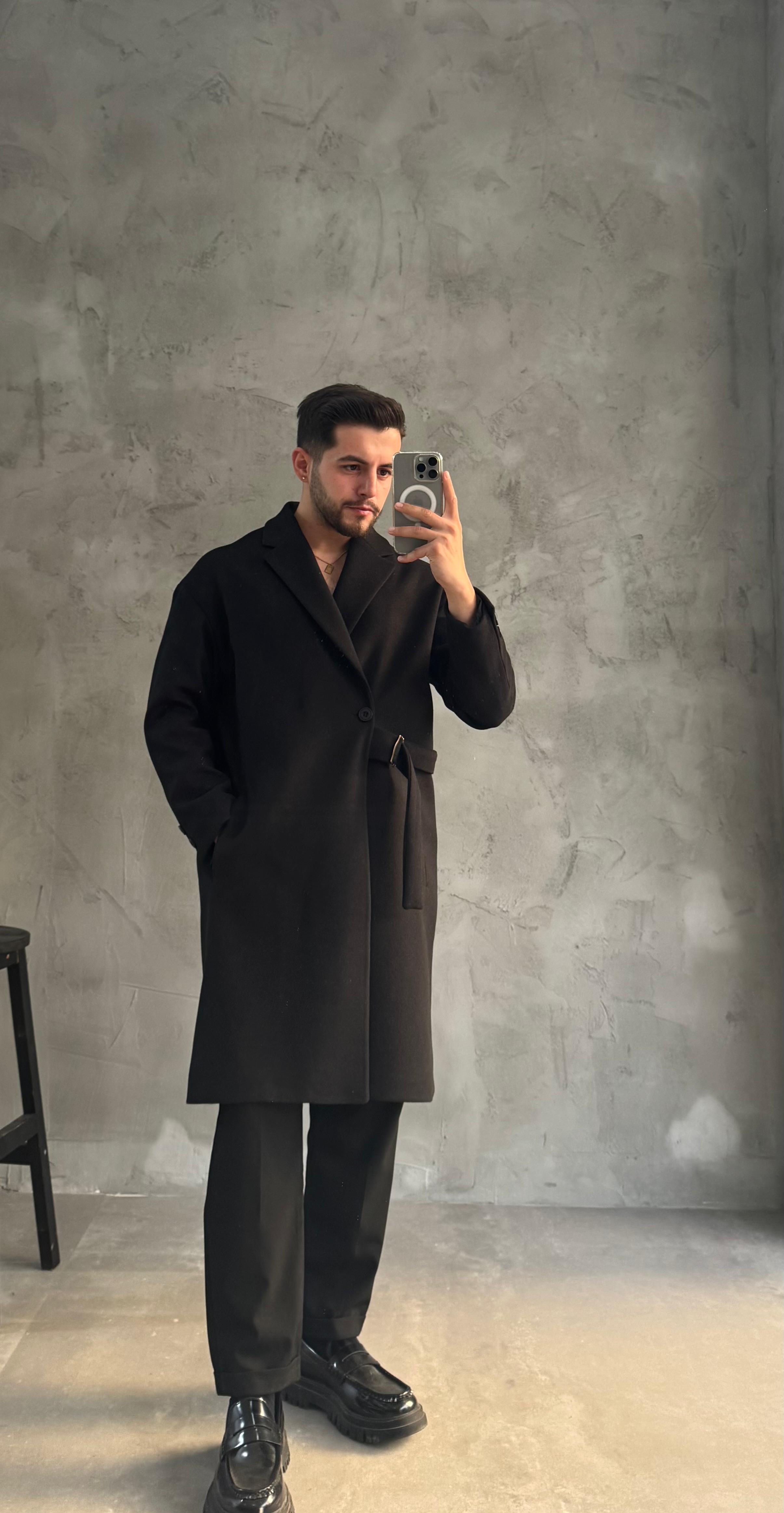 Siyah Premium Kemerli Kaban