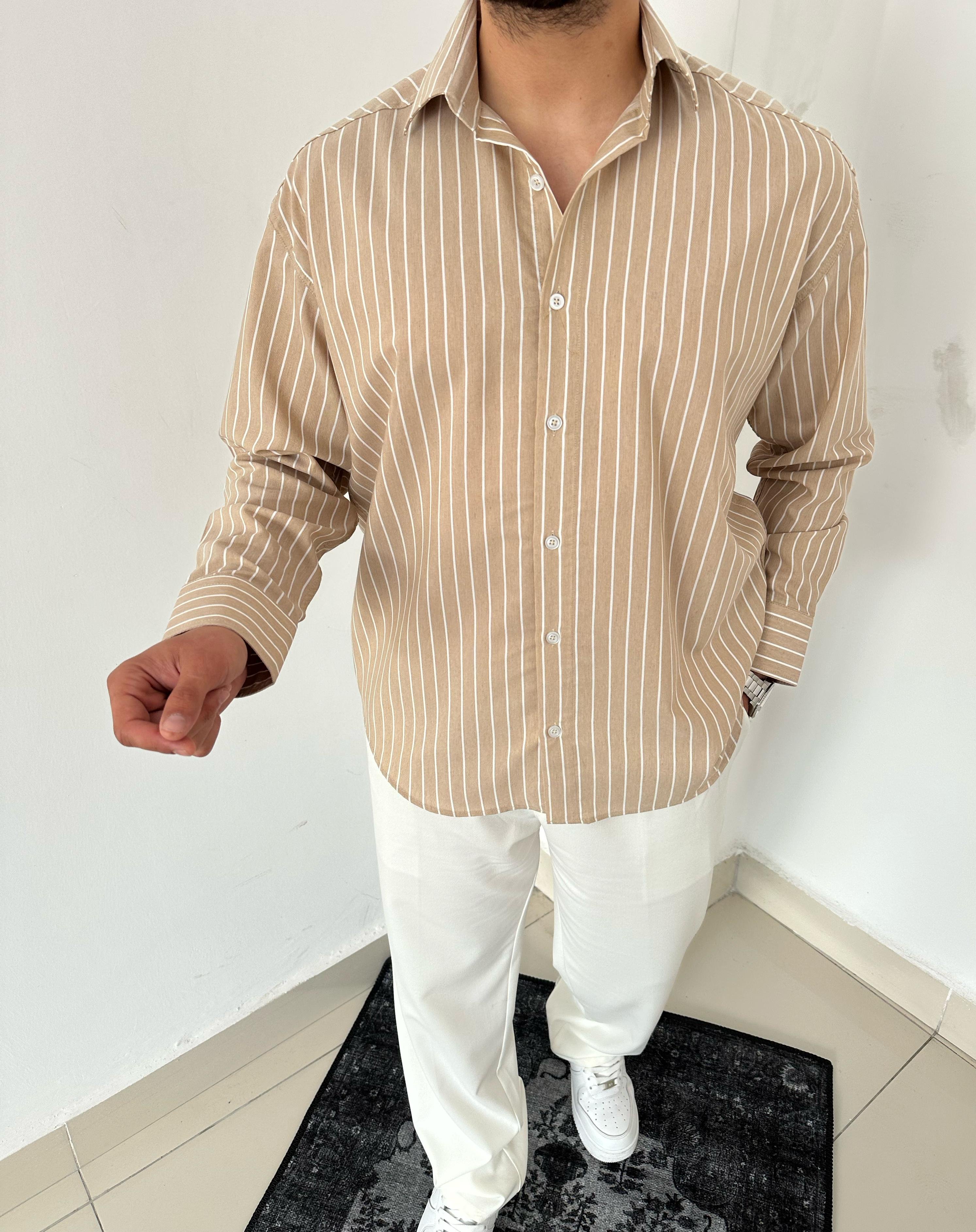 OVERSIZE ÇİZGİ DETAYLI GÖMLEK - BEJ