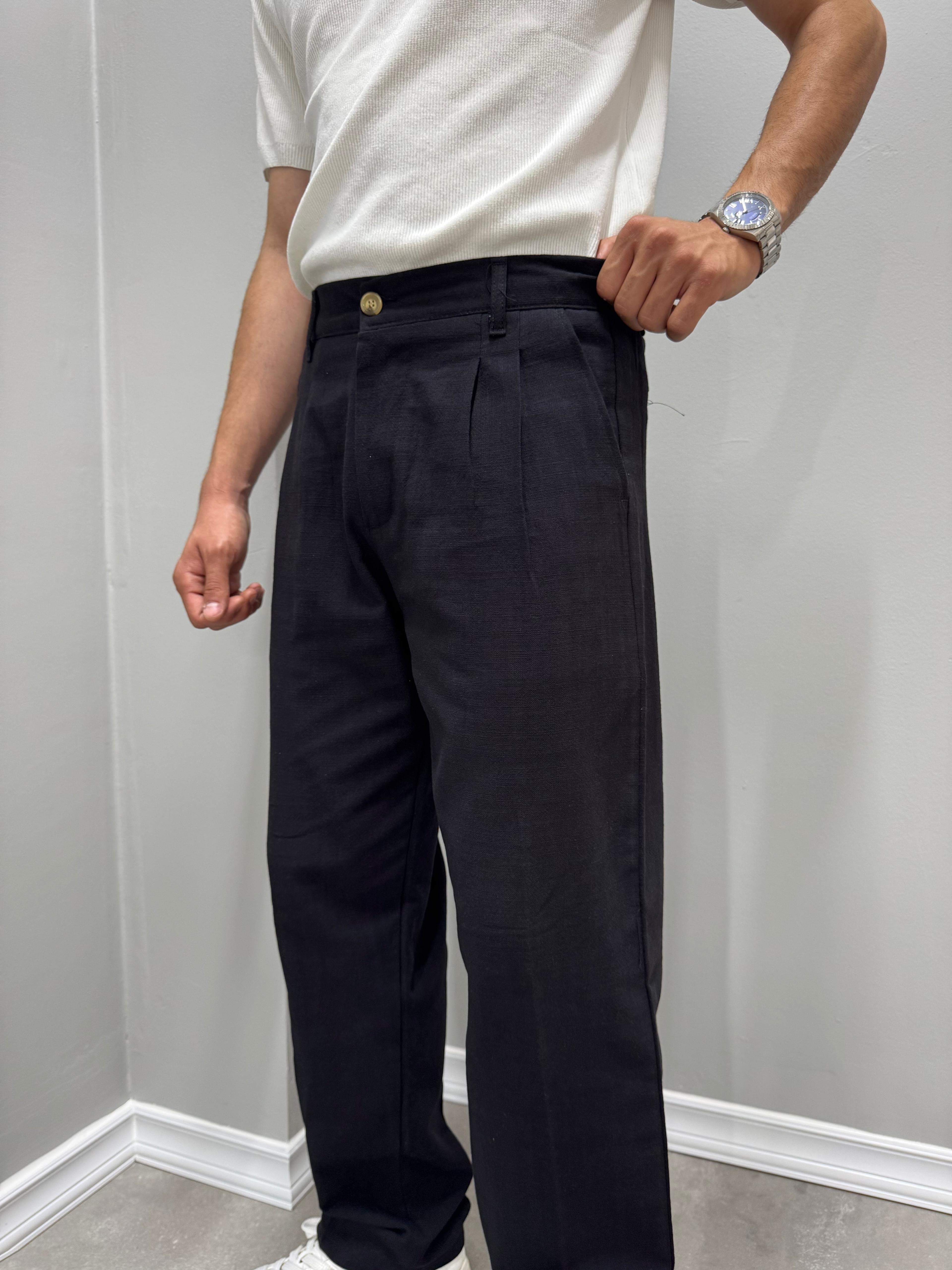 PİLELİ BAGGY KETEN PANTOLON - SİYAH