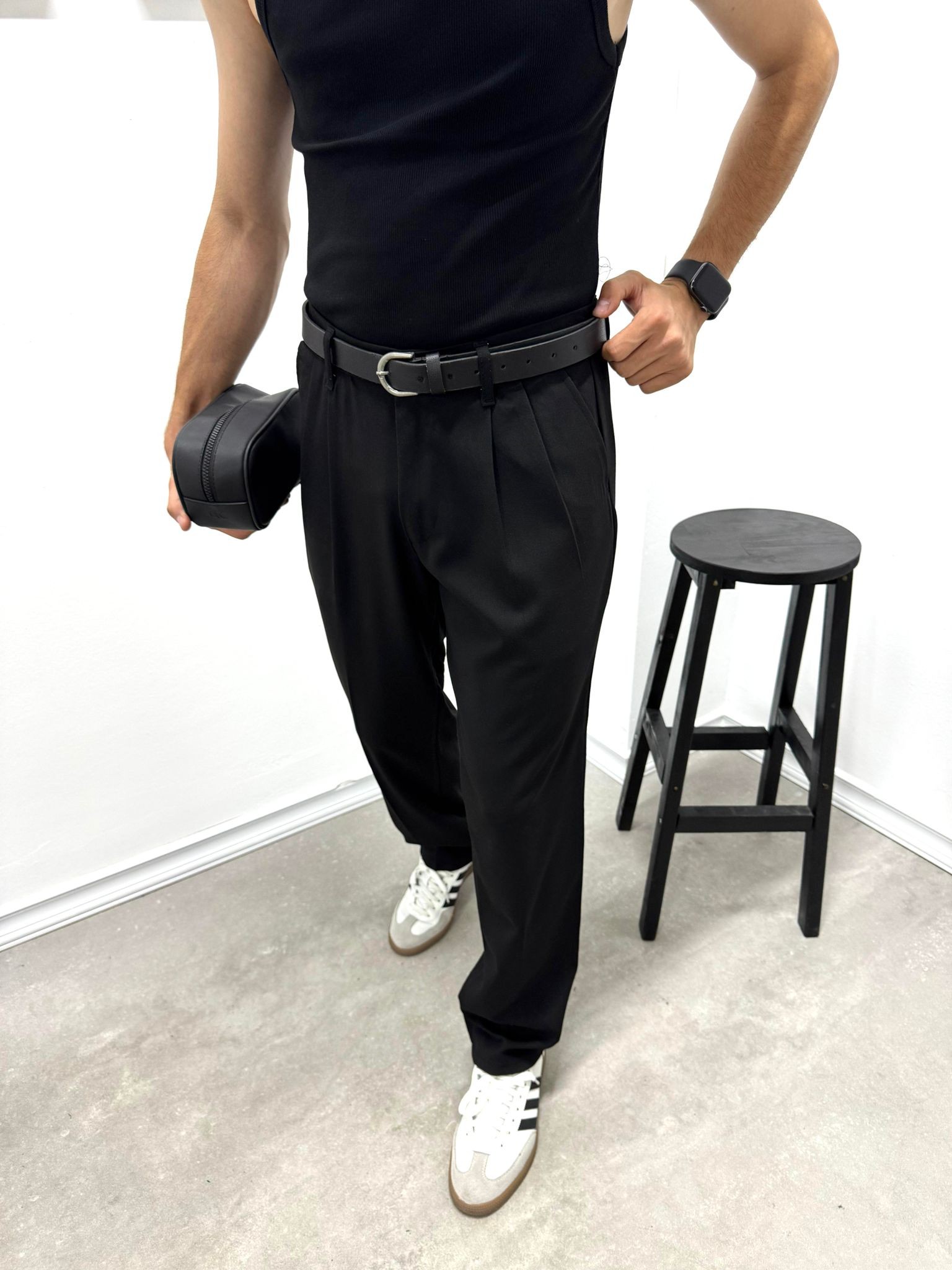 PİLELİ BAGGY KUMAŞ PANTOLON - SİYAH