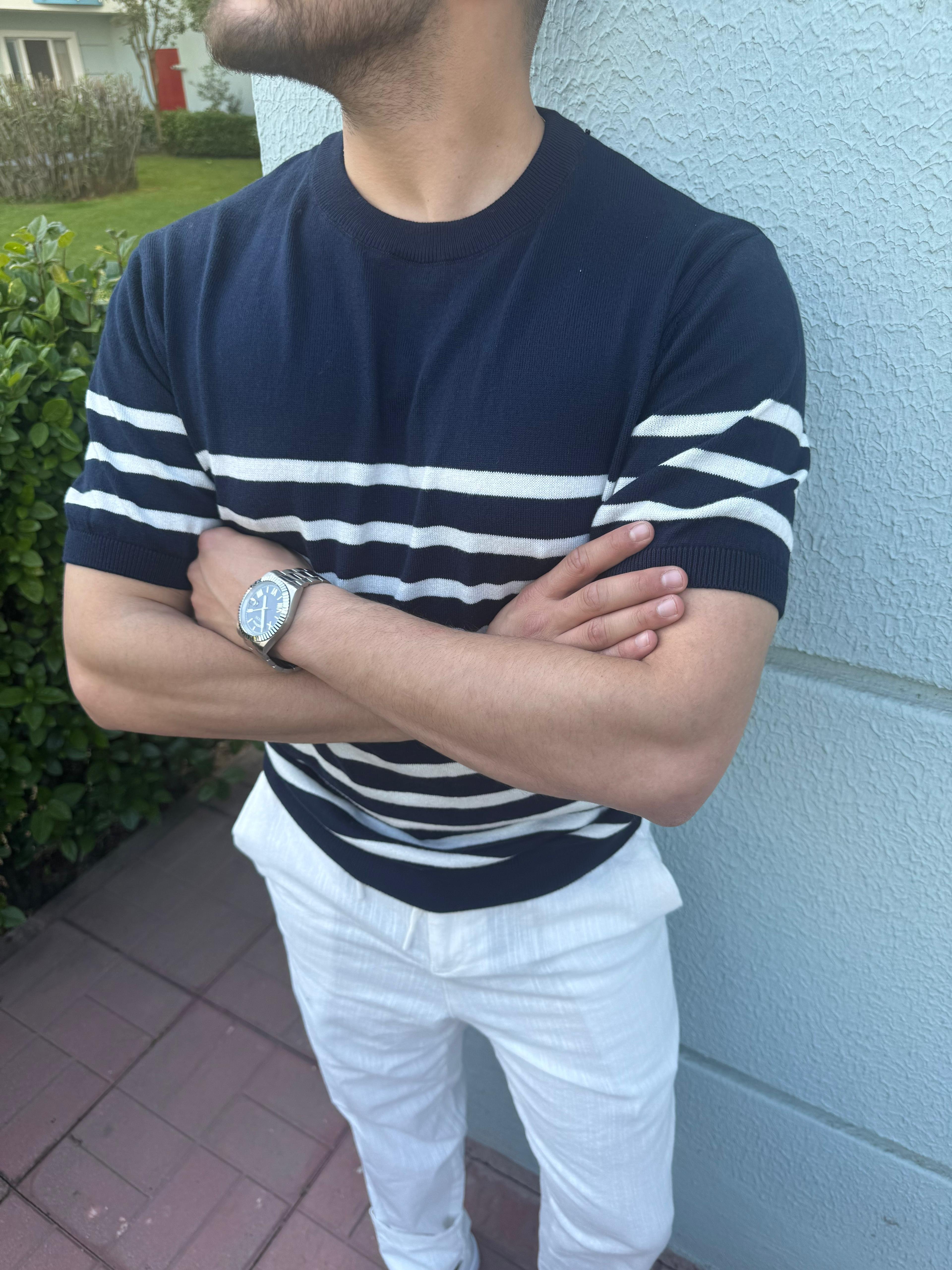 ÖRME ÇİZGİLİ TRİKO T-SHİRT - LACİVERT