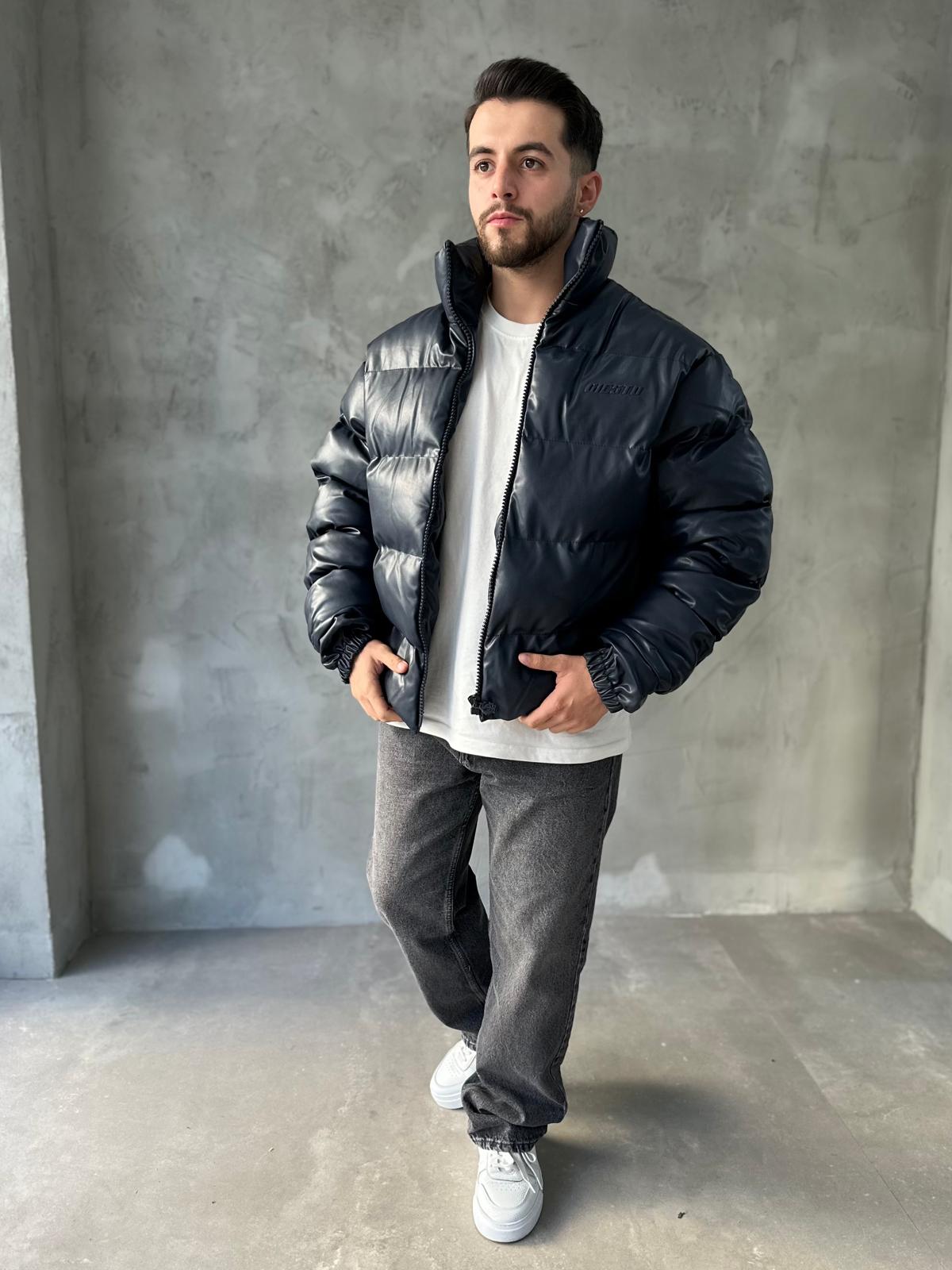 Lacivert Premium Deri Oversize Şişme Mont