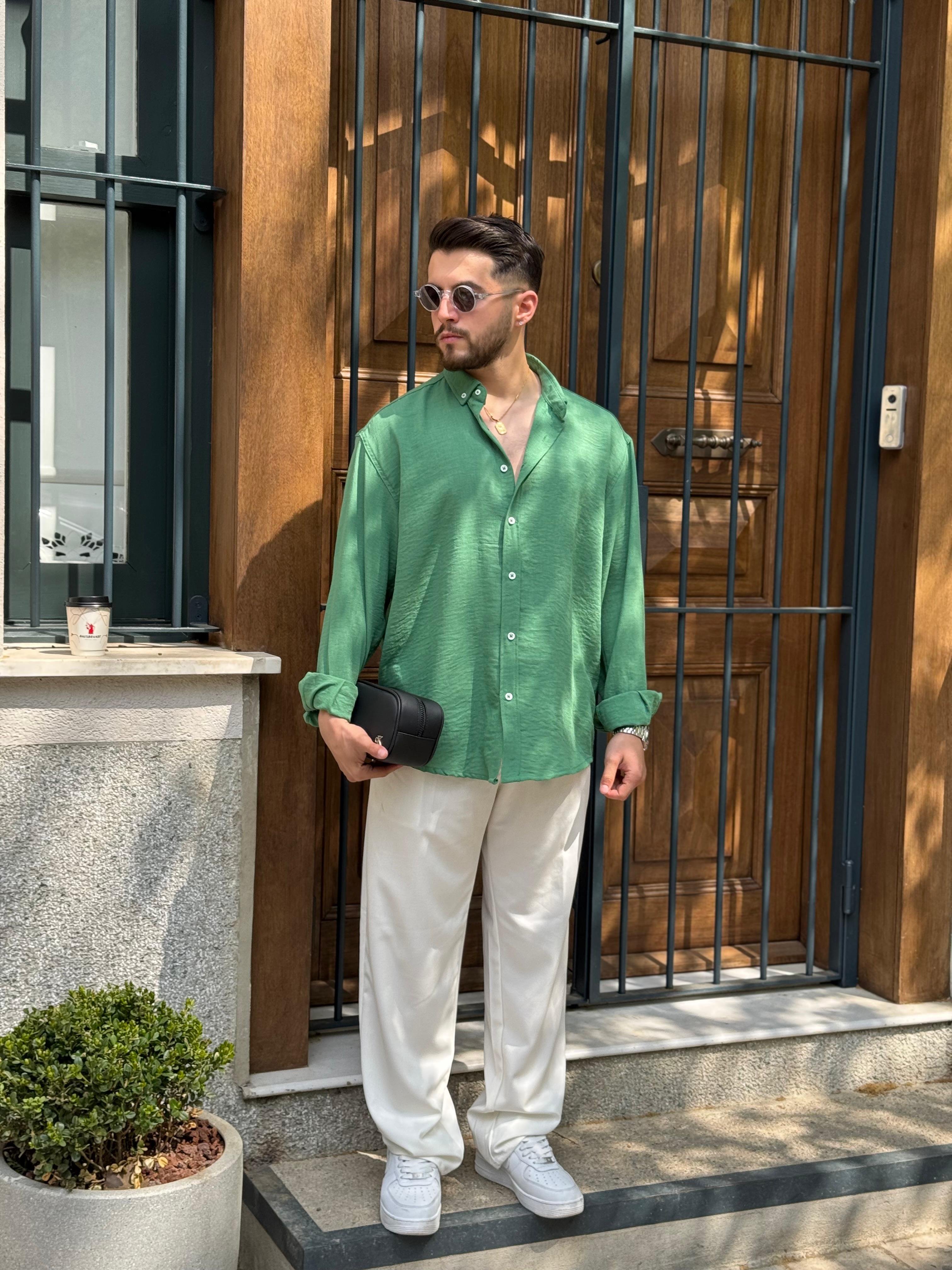 OVERSIZE DÖKÜMLÜ GOBİŞ KETEN GÖMLEK - YEŞİL