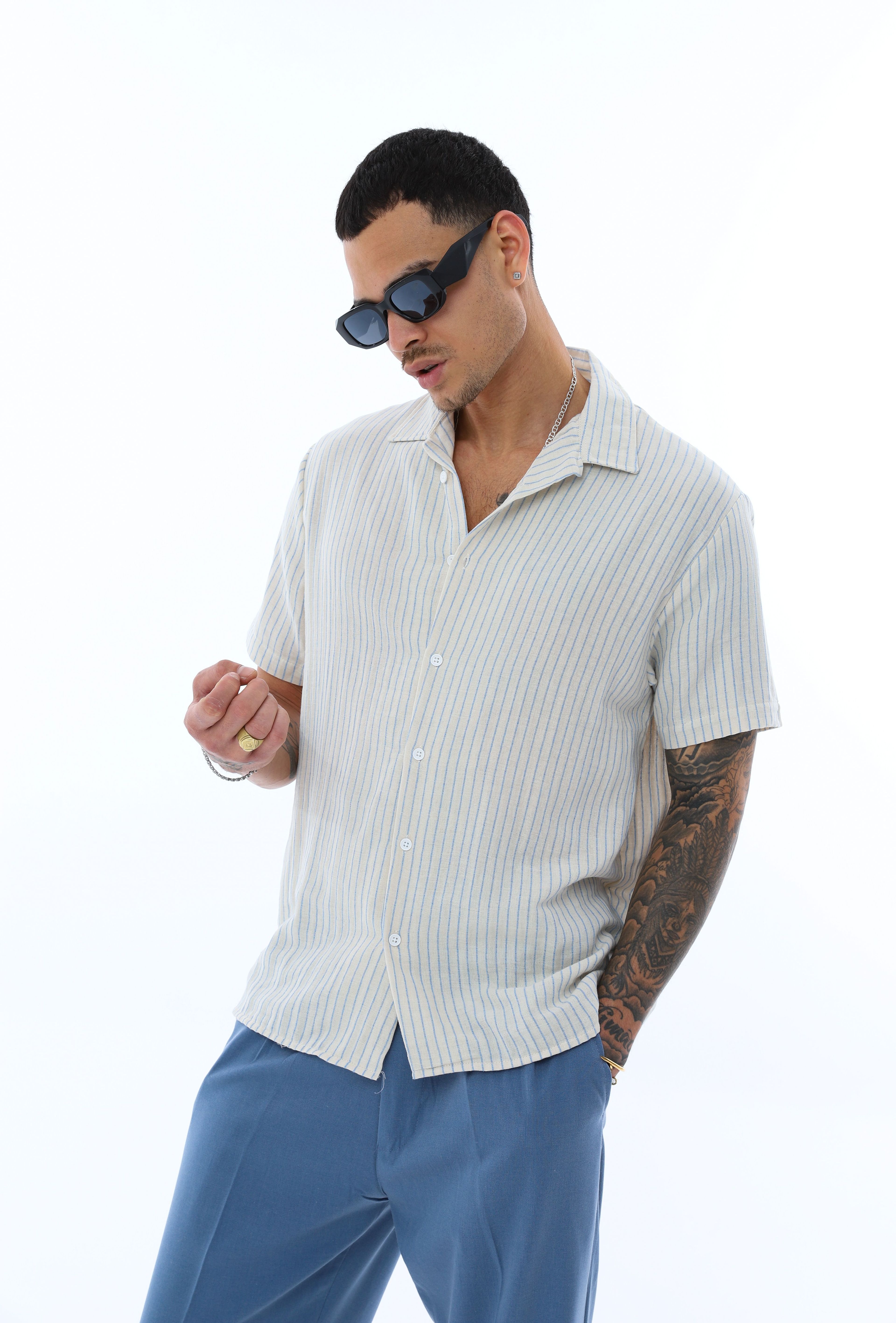 OVERSIZE İNCE ÇİZGİLİ GÖMLEK - MAVİ - BEYAZ