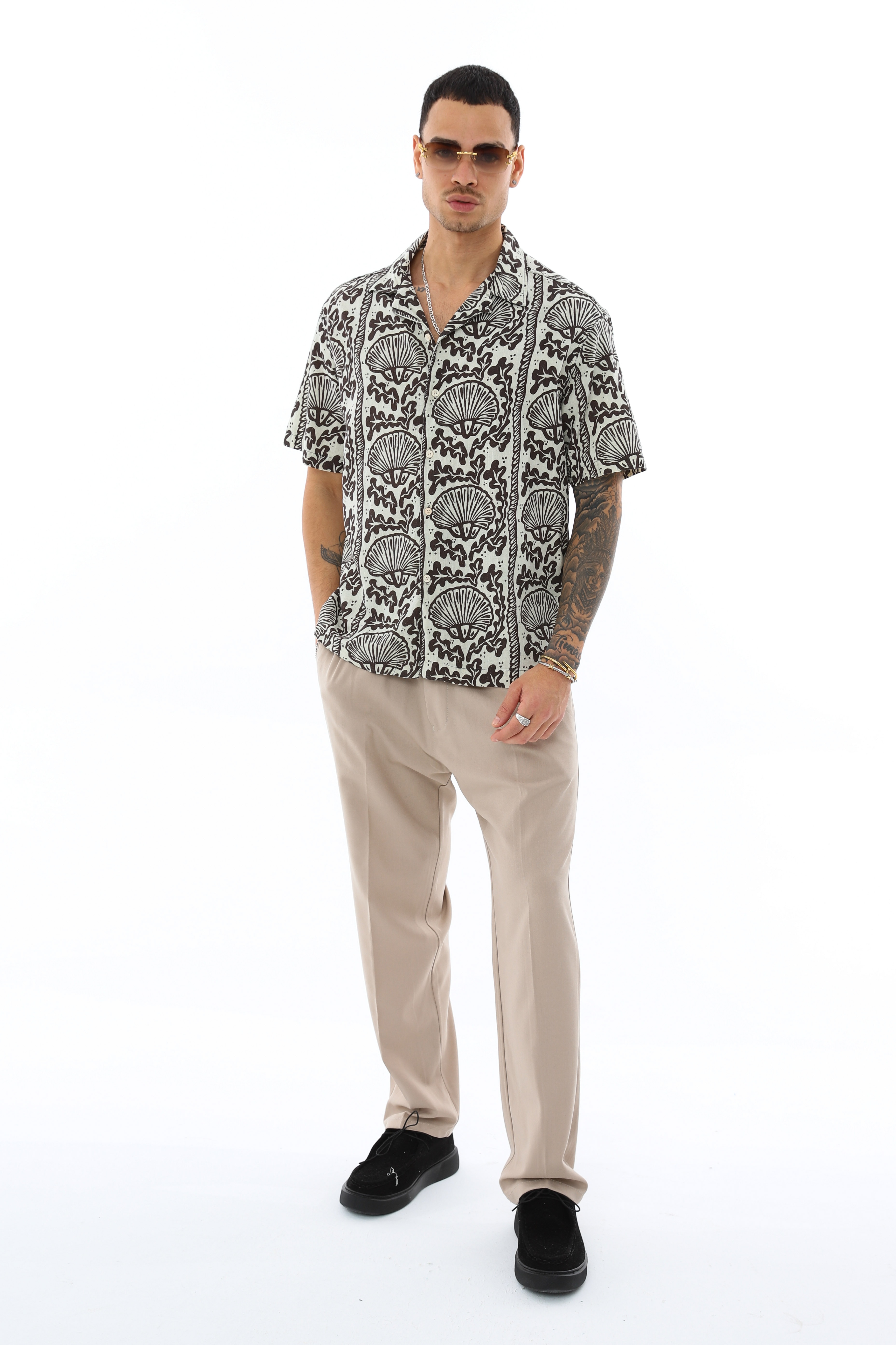 DESENLİ KISA KOLLU KETEN GÖMLEK - KAHVE