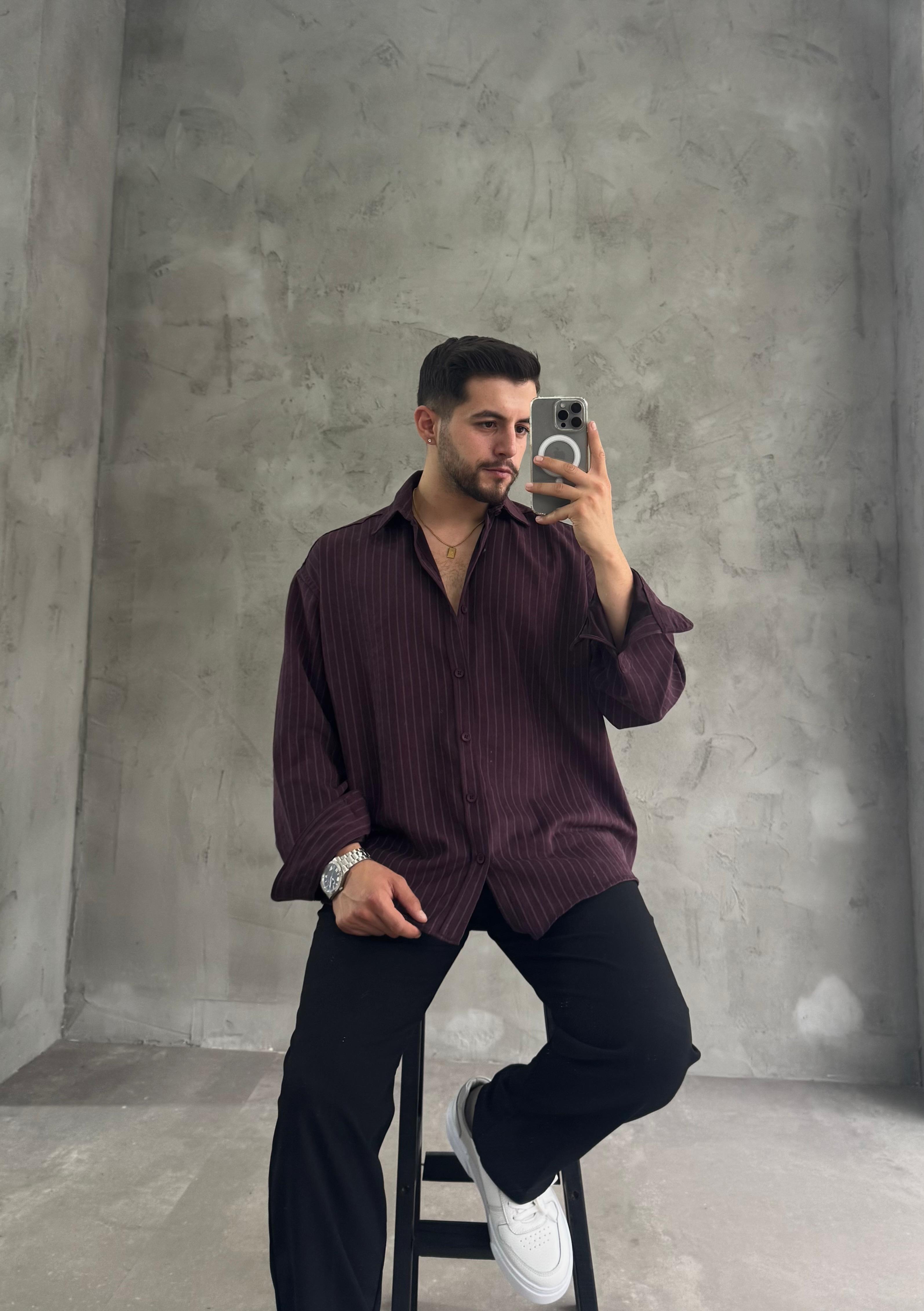 GG Bordo Kışlık Modal Kumaş Çizgili Gömlek