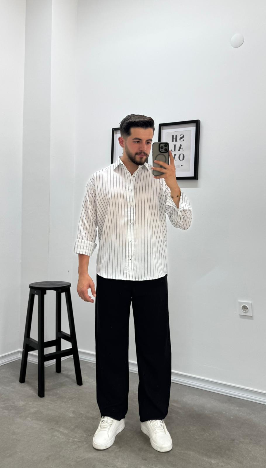 OVERSIZE ÇİZGİLİ GÖMLEK - BEYAZ