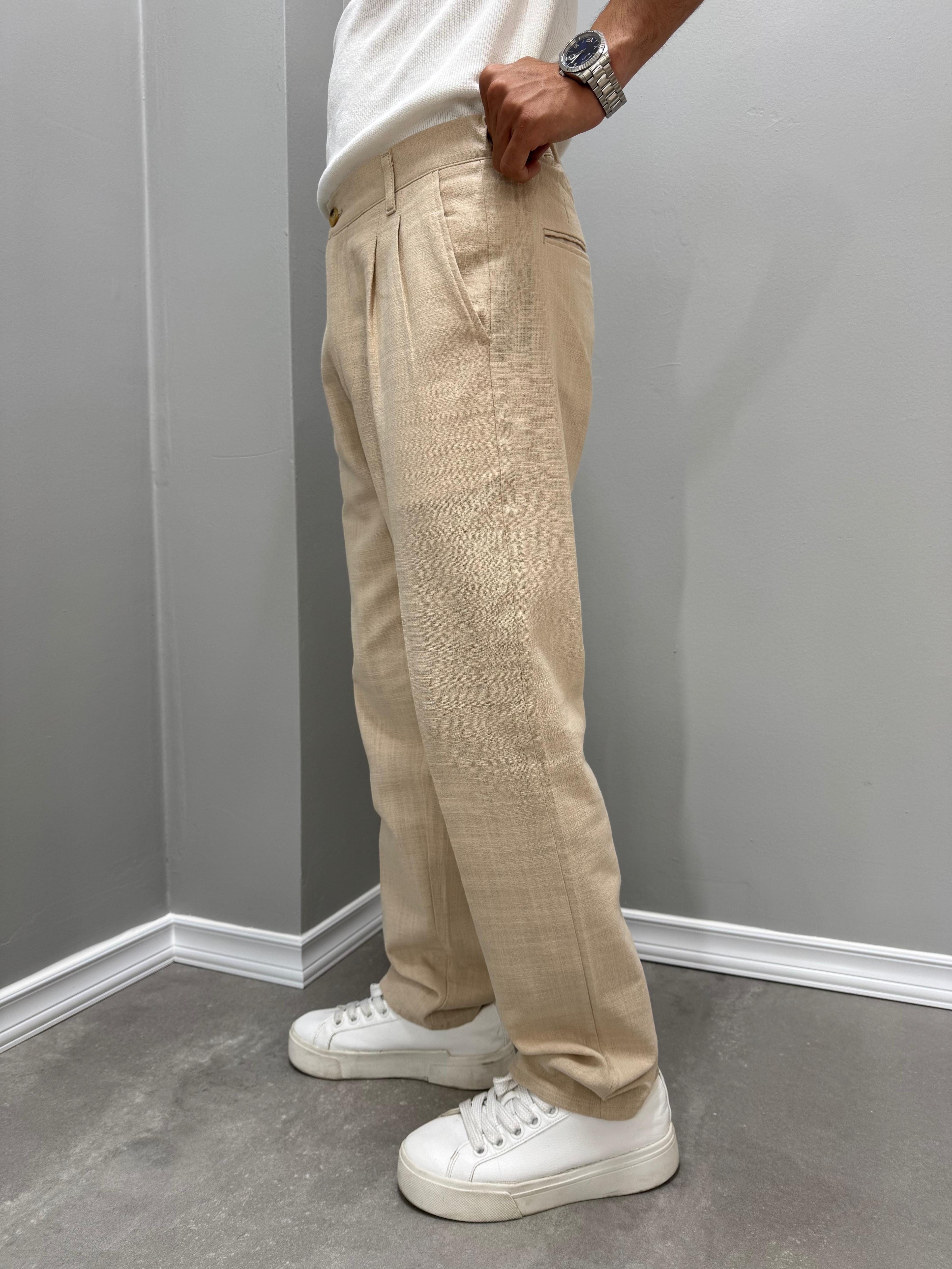 PİLELİ BAGGY KETEN PANTOLON - BEJ