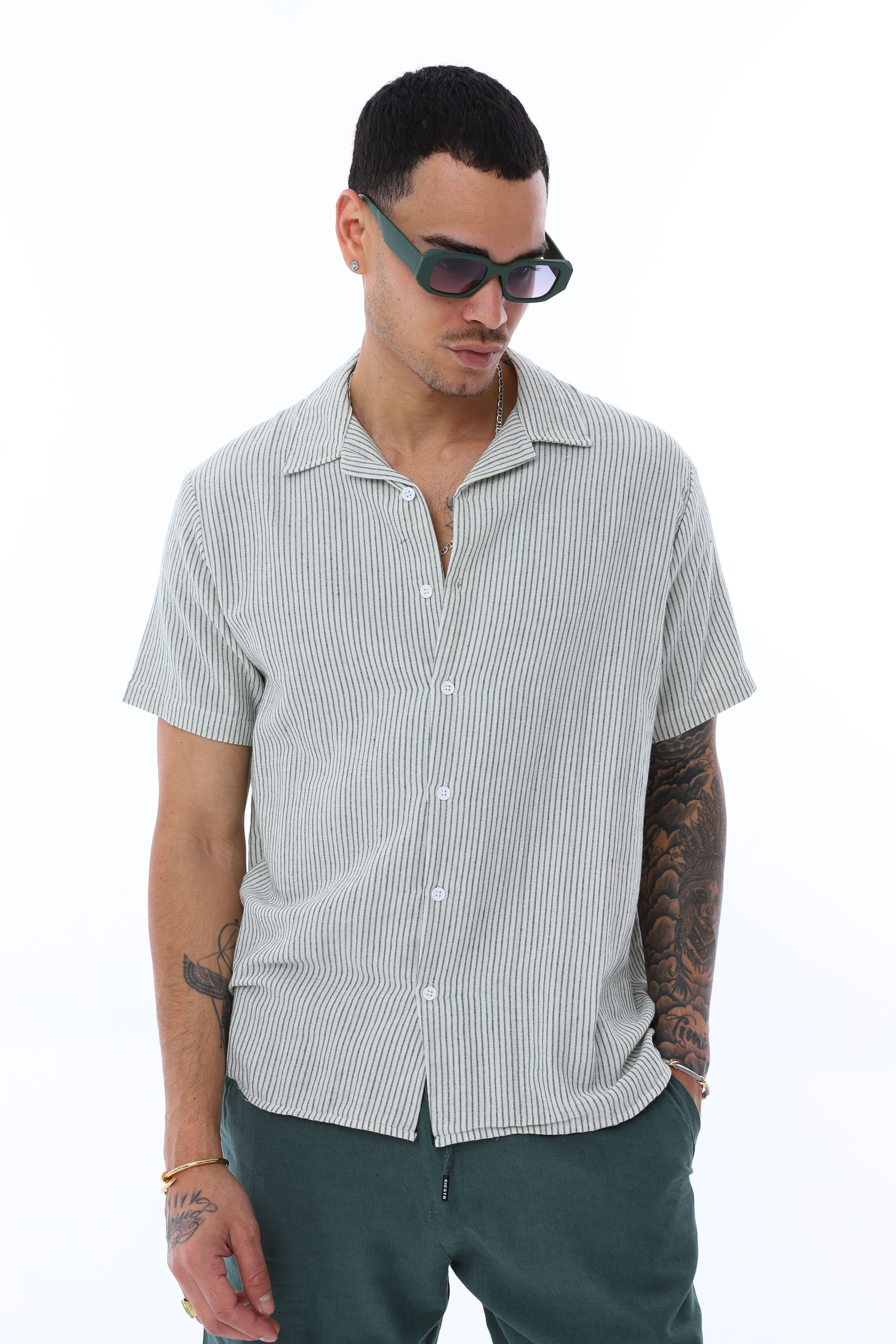 OVERSIZE İNCE ÇİZGİLİ GÖMLEK - HAKİ - BEYAZ