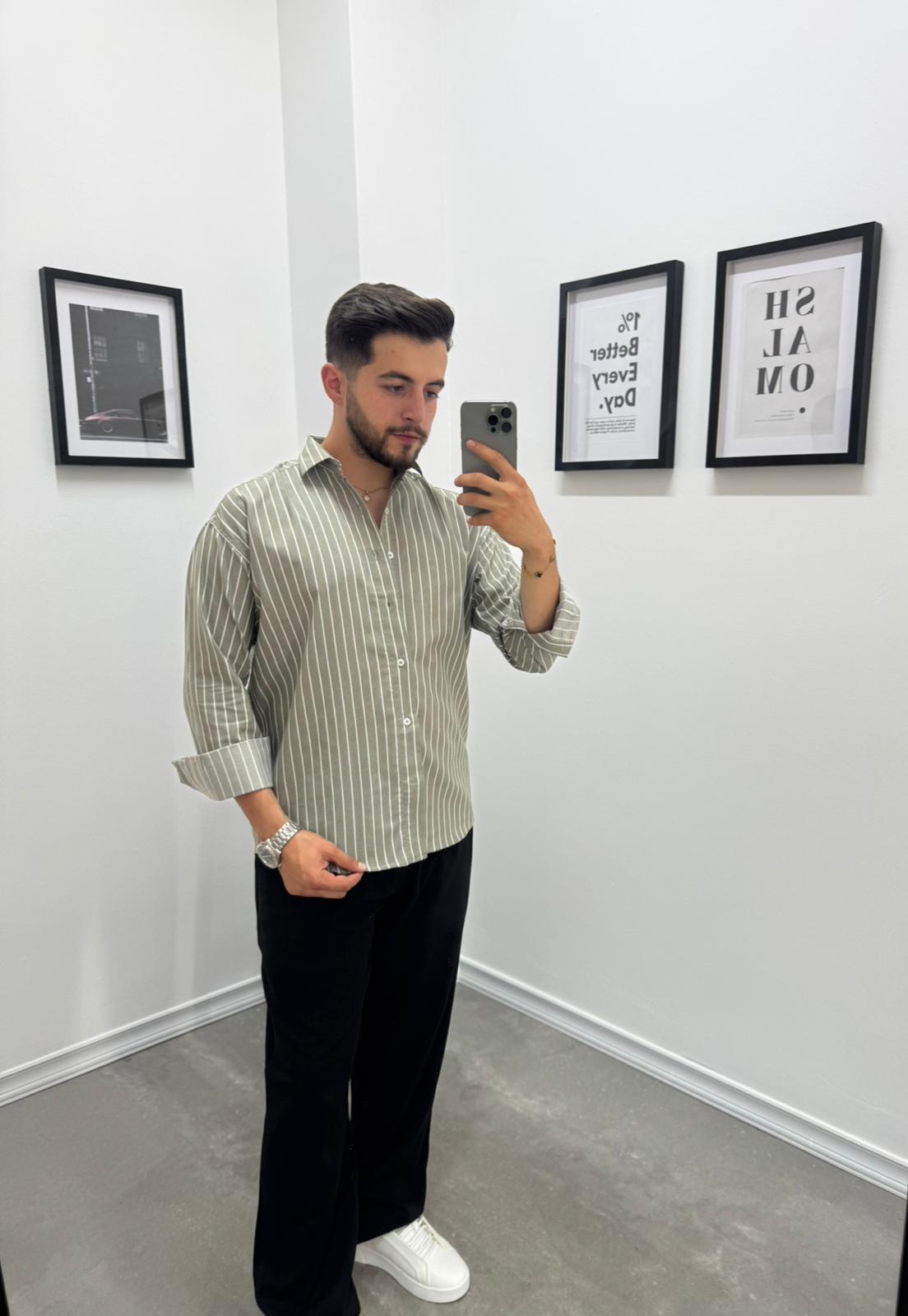 OVERSIZE ÇİZGİLİ GÖMLEK - HAKİ