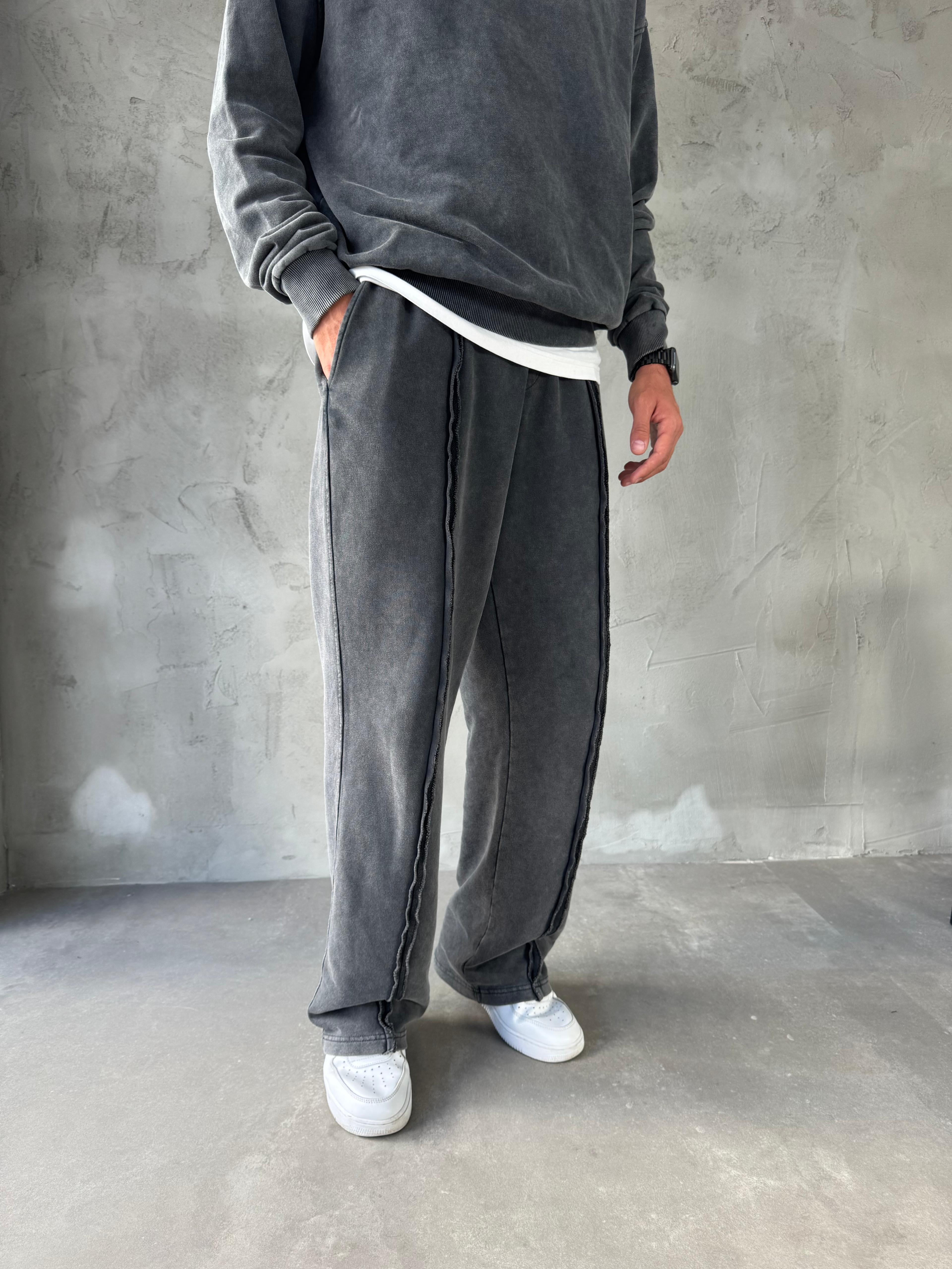 Antrasit Yıkamalı Dikiş Detaylı Baggy Eşofman