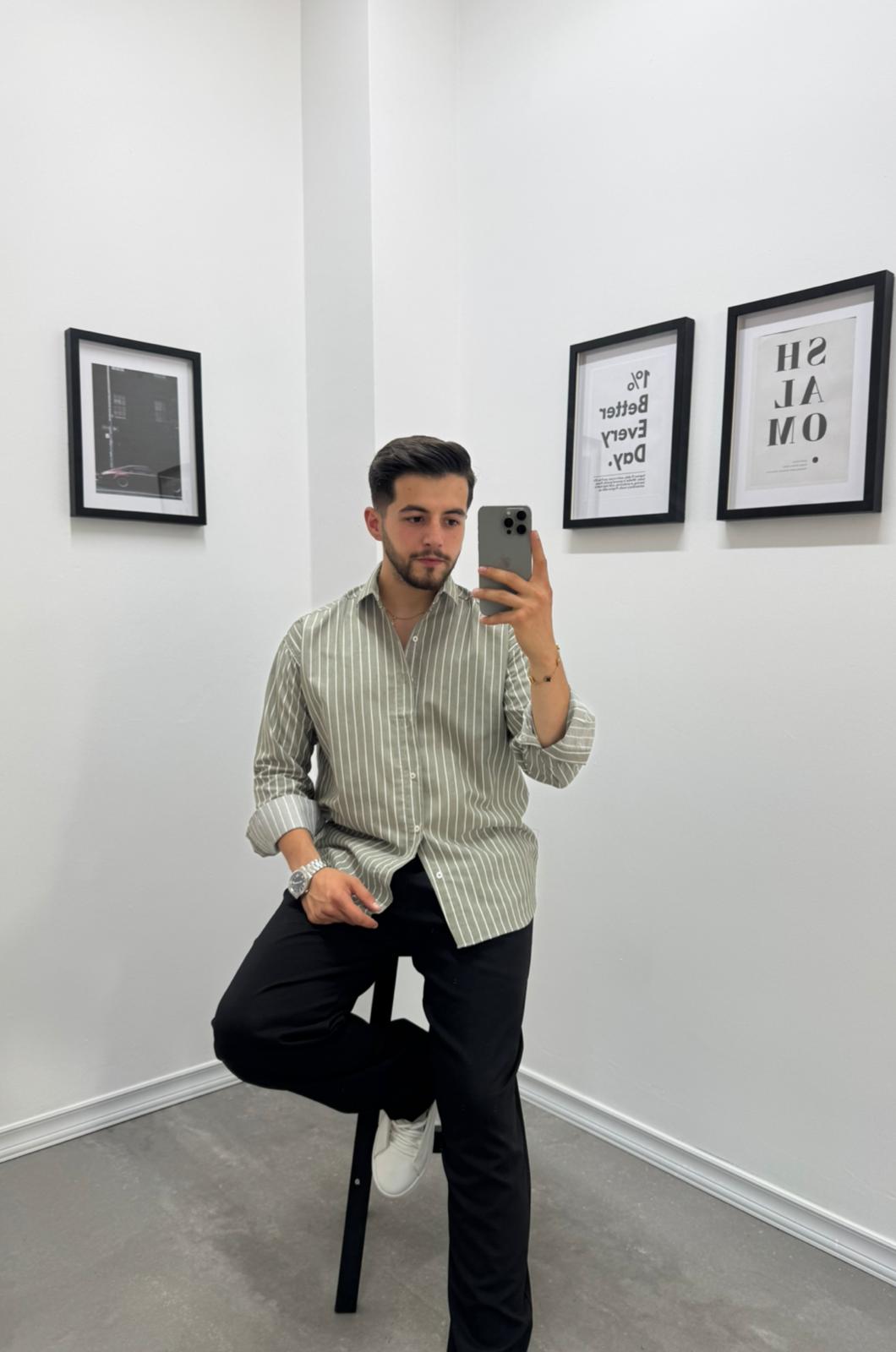 OVERSIZE ÇİZGİLİ GÖMLEK - HAKİ