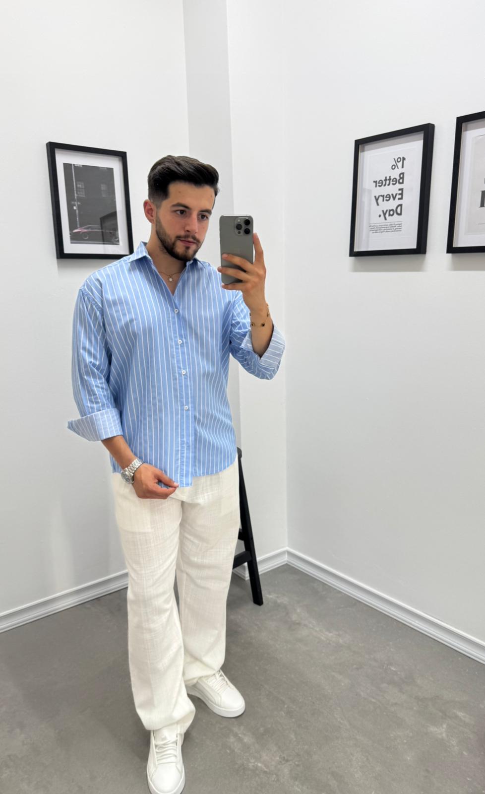 OVERSIZE ÇİZGİLİ GÖMLEK - BEBE MAVİ